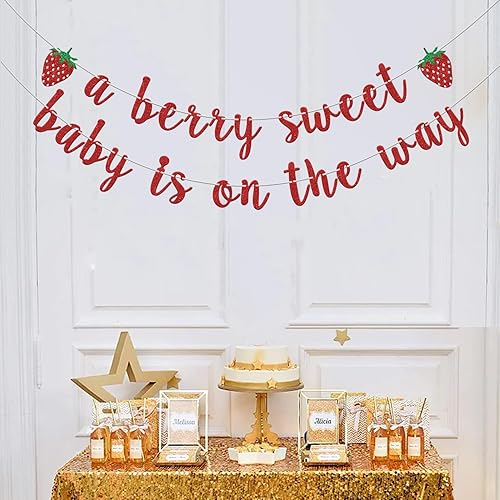 Miniatura 5 de Cartel con texto en inglés A Berry Sweet Baby is On The Way, decoraciones de fiesta de baby shower con temática de frutas dulces y bayas para niños,