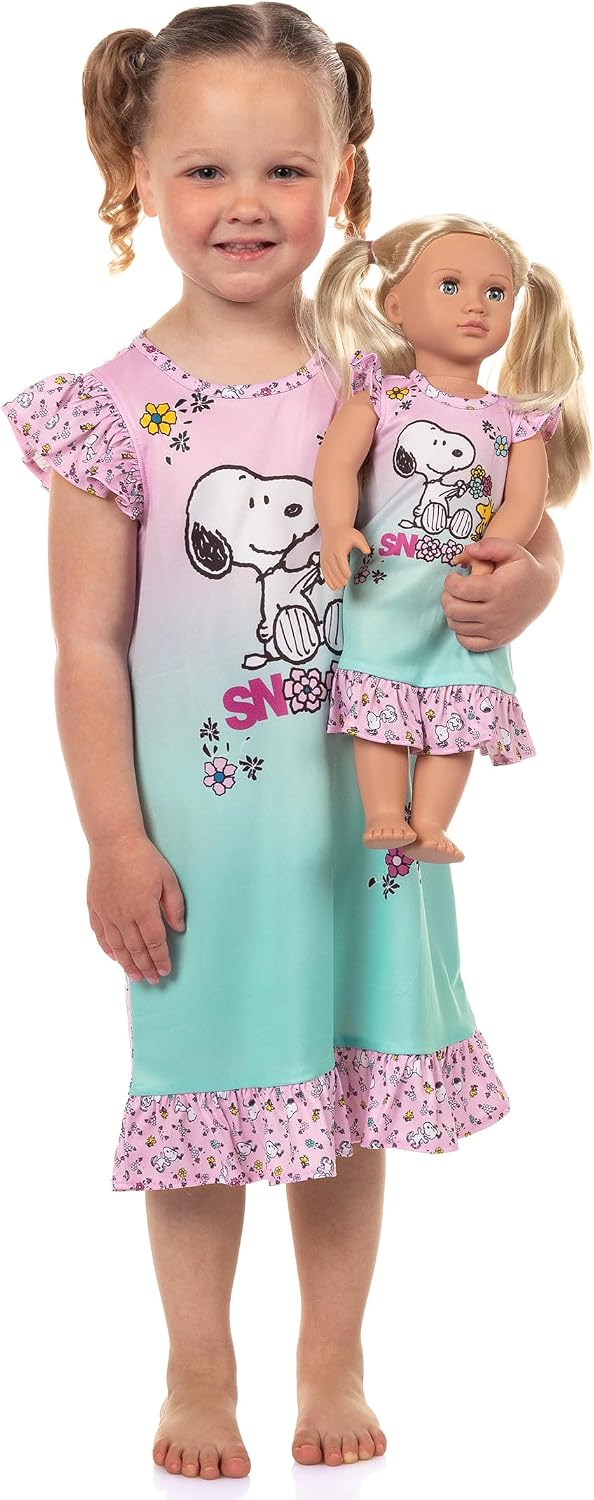 INTIMO Peanuts Nightgown Toddler Girls Snoopy and Woodstock Pajamas with Matching Doll Gown