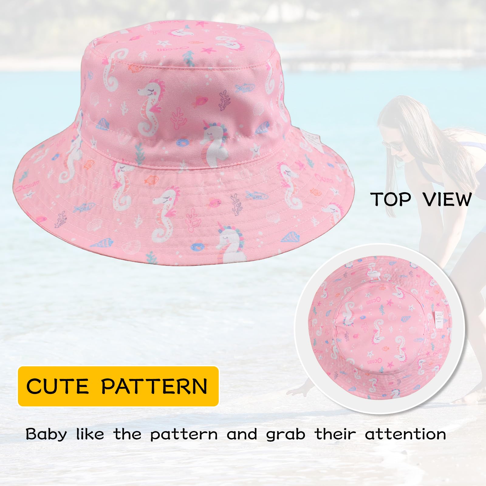 Peecabe Sombrero de verano para bebé para niños y niñas, UPF 50+ de ala ancha, ajustable, gorra de playa para bebés de 0 a 8 años