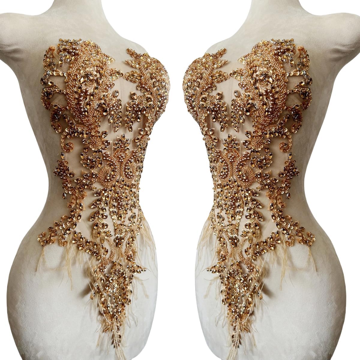 Handmade Rhinestones lace Appliques sew on Beads Trim Patches for Ostrich Feather Dress Clothing Accessories 1PCS/BAG12.9X23.6inches (Champagne)