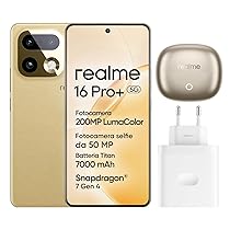 realme 16 Pro+ 5G Smartphone, 8GB+256GB, Display Curvo AMOLED 144Hz 6,8″, Batteria 7000mAh, Fotocamera 200MP OIS, IP69K, Ricarica Rapida 80W, Doppia SIM, Next AI, Oro (Con Adattatore)