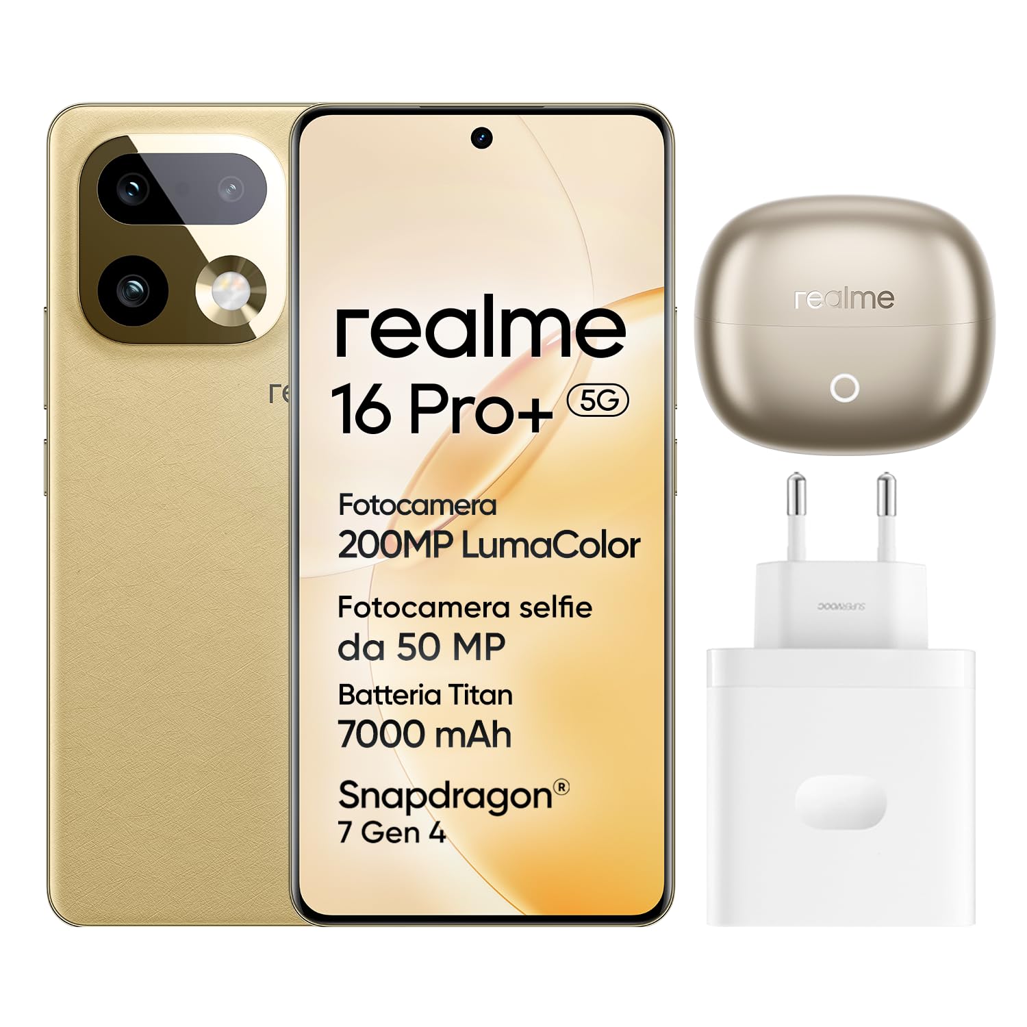 realme 16 Pro+ 5G Smartphone, 8GB+256GB, Display Curvo AMOLED 144Hz 6,8", Batteria 7000mAh, Fotocamera 200MP OIS, IP69K, Ricarica Rapida 80W, Doppia SIM, Next AI, Oro (Con Adattatore)