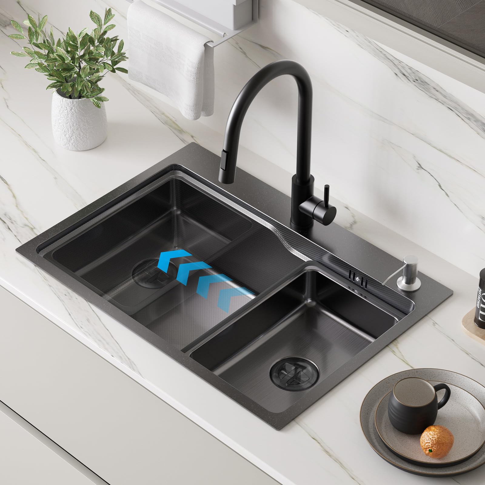 CECIPA Fregadero negro 68 × 48 cm de acero inoxidable, fregadero empotrable para encimeras a partir de 80 cm, con sifón, rebosadero y desagüe, con orificio para grifo | EVA - Fregadero de cocina con sifón y sistema de evacuación para armarios (70 cm) o má