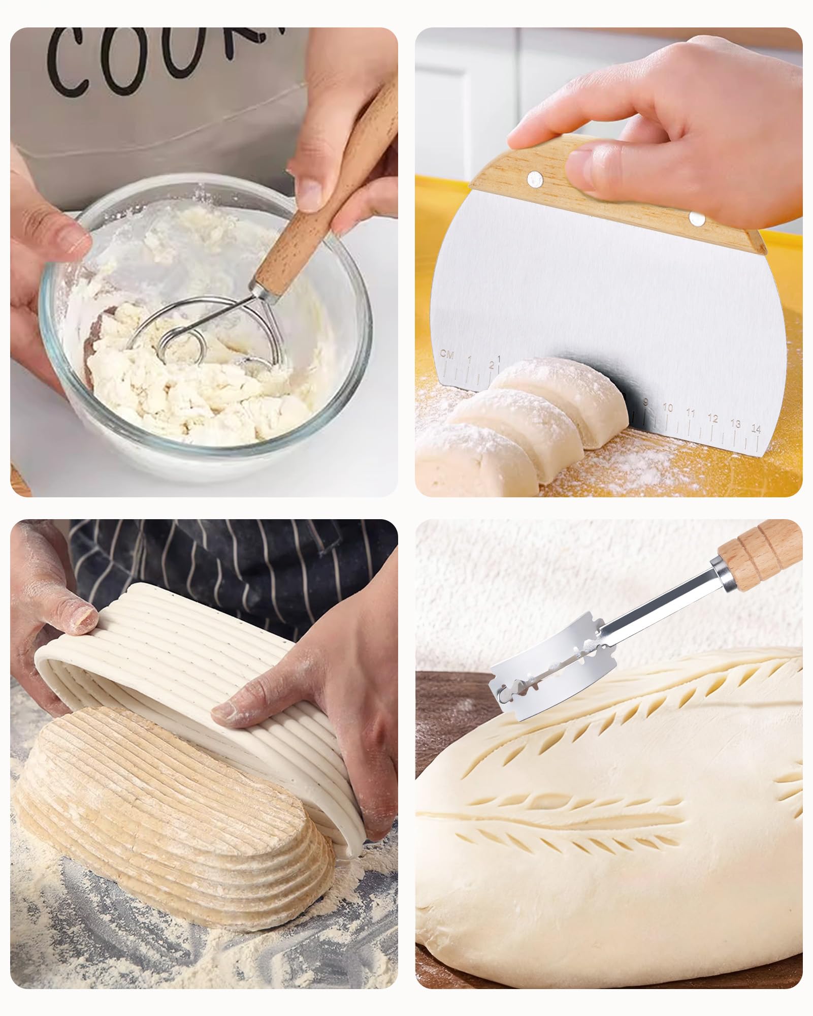 JOJOSEE Gärkörbchen, Brotgärkorb-Set Für Sauerteig Starter Set, Gärkorb natürlichem Rattan, Sauerteig-Gärkorb (inkl. Teigschaber, Rostmesser, Gärtuch & mehr) - Komplett Ausrüstung für Anfänger Profis