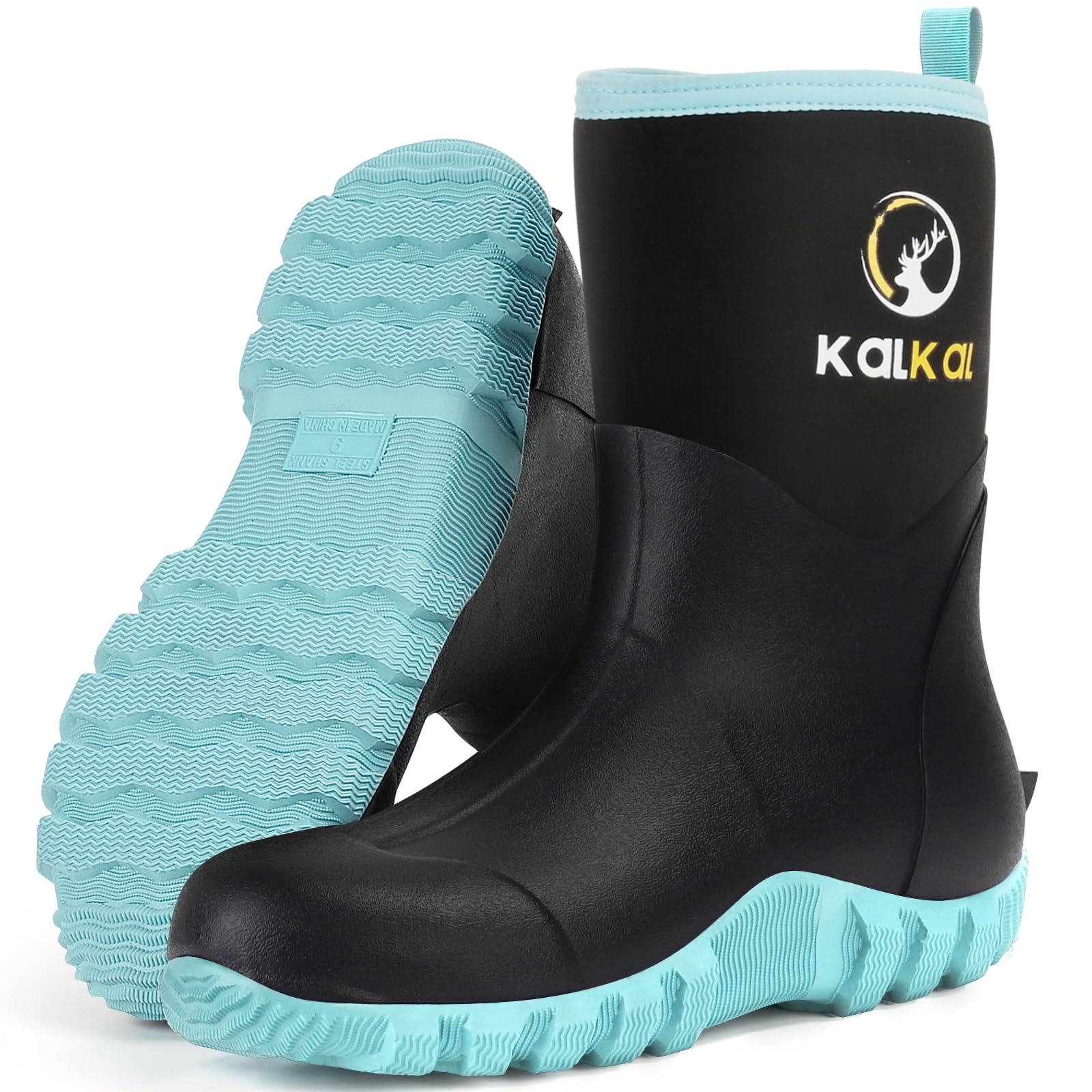 Kalkal Rubber Boots for Women, Waterproof Mid Calf Women Rain Boots with Steel Shank, 6mm Neoprene Insulated Rubber Garden Boots for Women Mud Working Farming Fishing (Green, 11)