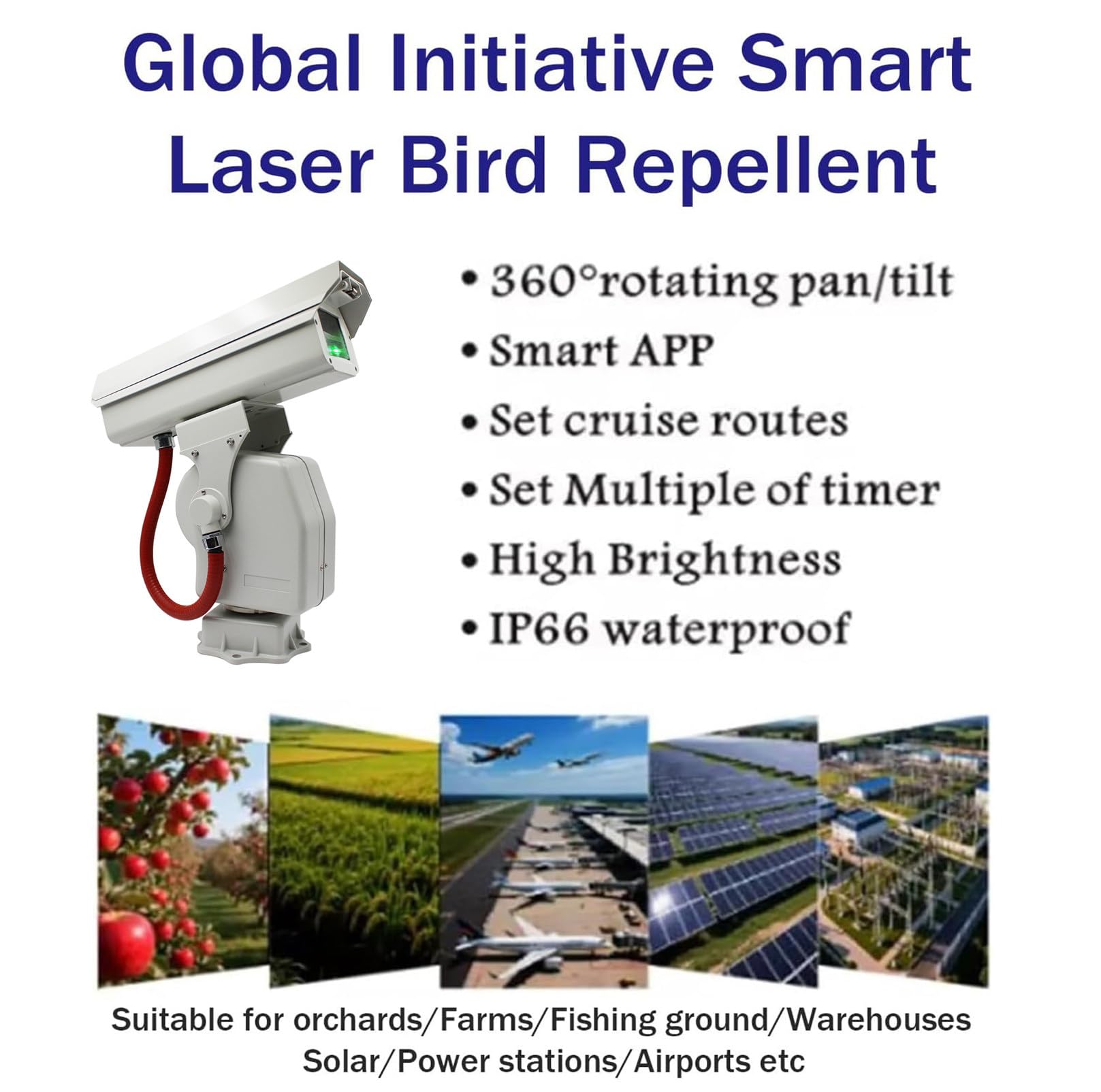 Dispositivo láser repelente de pájaros automático, espantapájaros giratorio de 360° con control remoto APP, IP66 impermeable, diseño silencioso para aeropuertos, huertos y tierras de cultivo