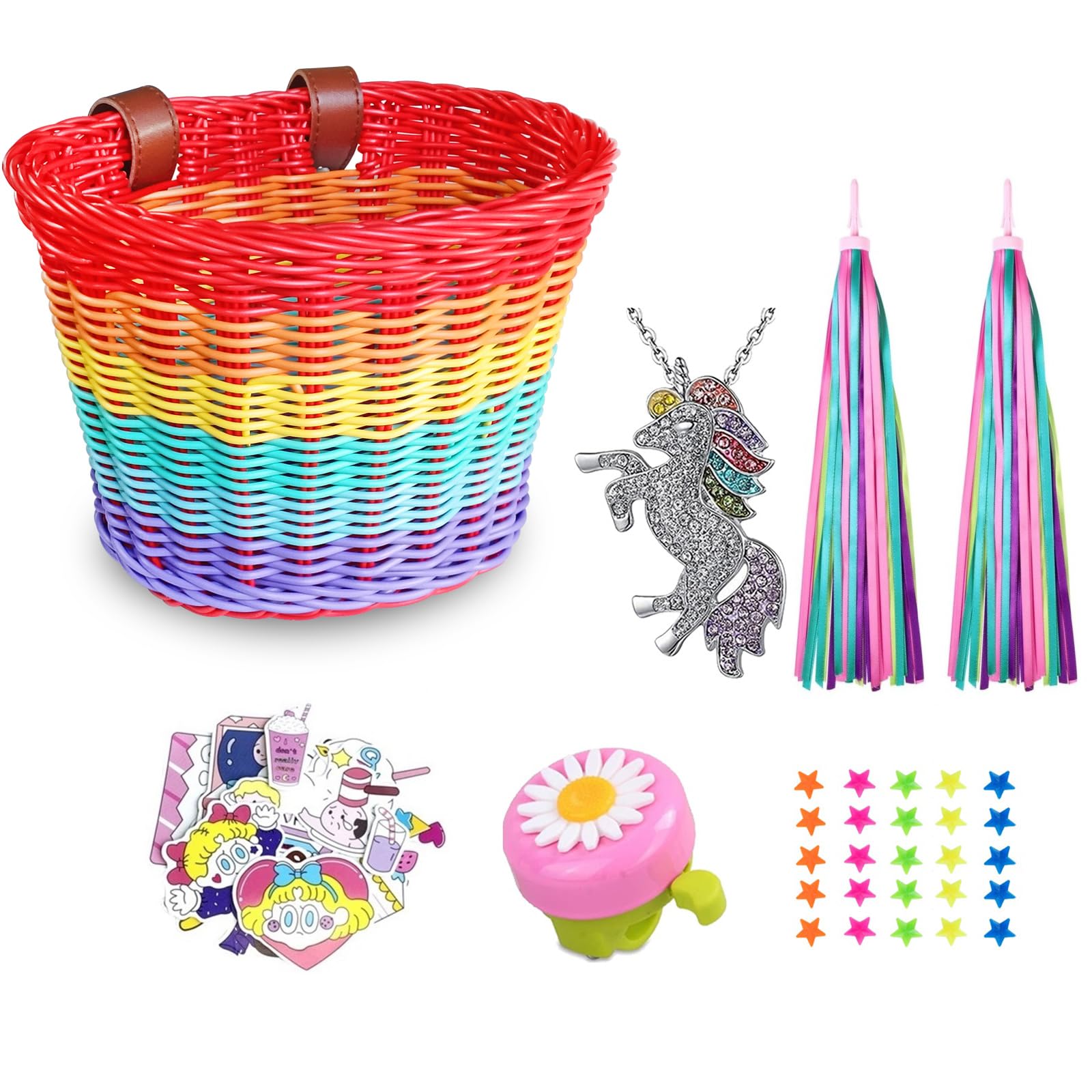 Kids Bike Basket, Wicker Handlebar Bicycle Basket for Girls With Unicorn  Necklace, Bell, Streamers, Stickers Decoration Accessories Set