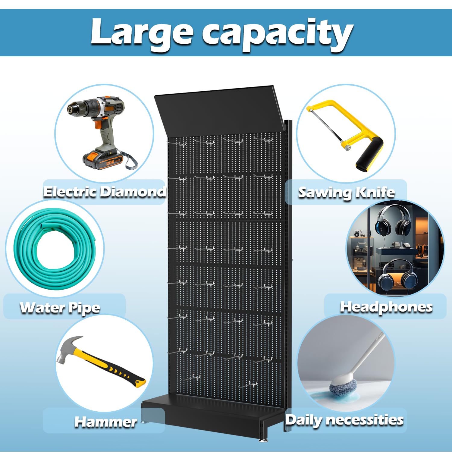Organizzatore per pannelli forati in metallo, con 30 ganci, 215,9 x 91,4 x 33 cm, può sopportare 150 kg di peso, scatola portaoggetti portatile per garage, accessori per telefono in metallo, per