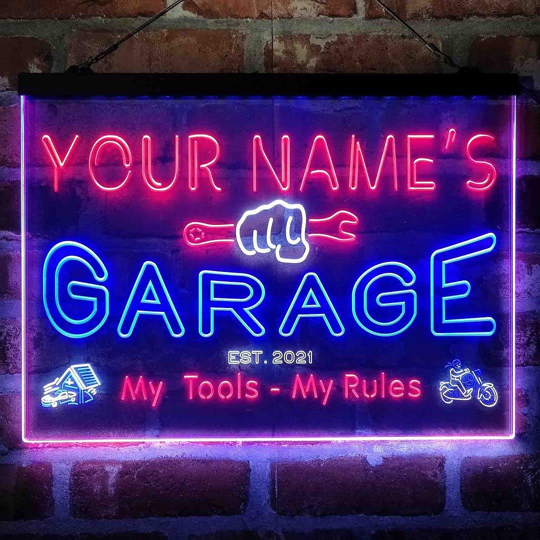Personalized Garage Man Cave Tri-Color LED Neon Light Sign Customize Name Date Text Quote Font White & Blue & Red 13 x 8.7 Inches st9s32-pp1-tm-wbr