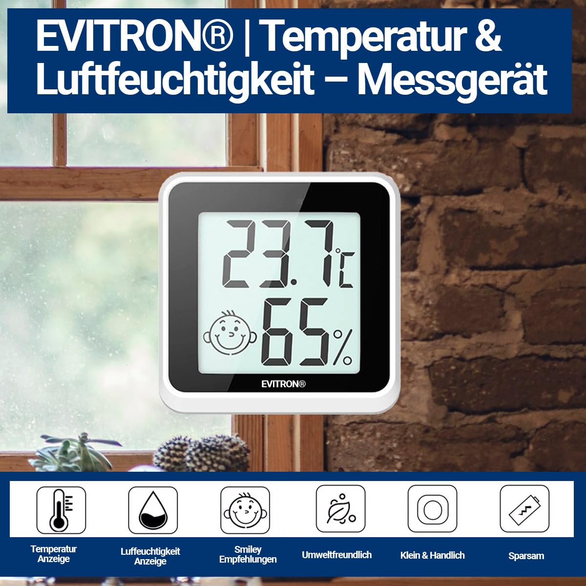 1 x Mini termómetro higrómetro digital para interior – Medidor de temperatura y humedad – Indicador de confort y emoticonos – Se puede colocar o pegar – para salón, oficina, habitación de bebé y más