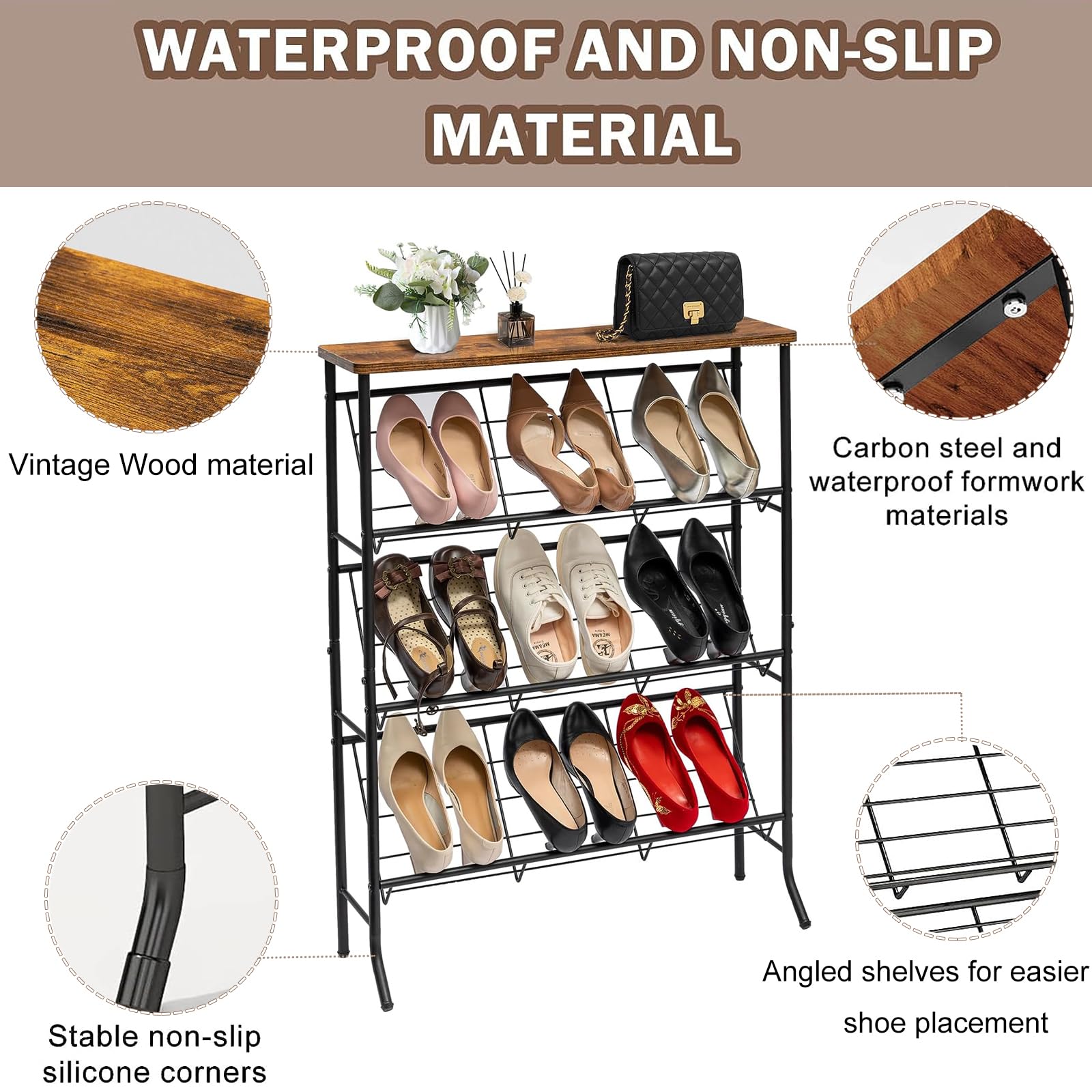 Schuhregal Schmal Metall, Shoe Rack mit 4 Ebenen, Stapelbares Kleines Schuhregal, SchuhstäNder Organizier für 12-16 Paar Schuhe, Schuhablage für Eingangsbereich Flur Wohnzimmer Schlafzimmer