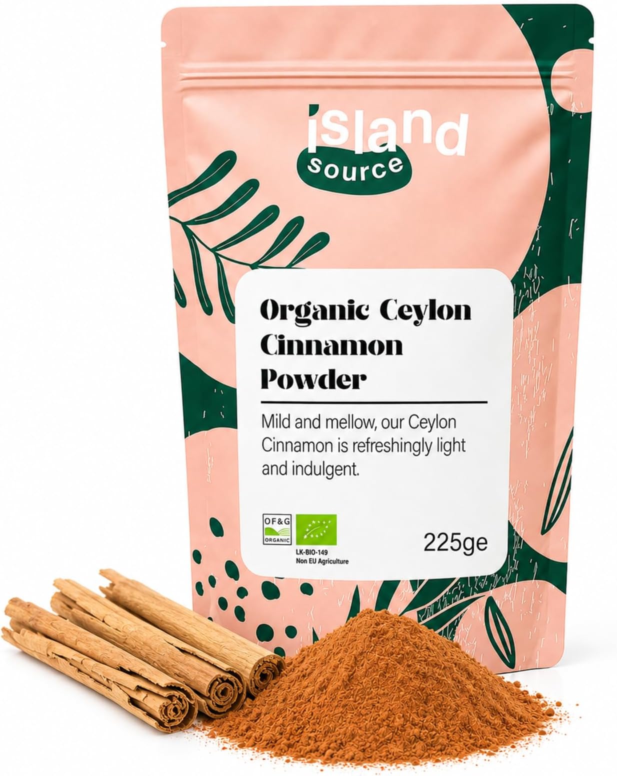 Island Source Organic Cinnamon Powder 225g - 100% Organic Ceylon Cinnamon Powder - Natural Ground Cinnamon, Vegan Cinnamomum for Juices, Cereals, Smoothies, Cooking and Baking