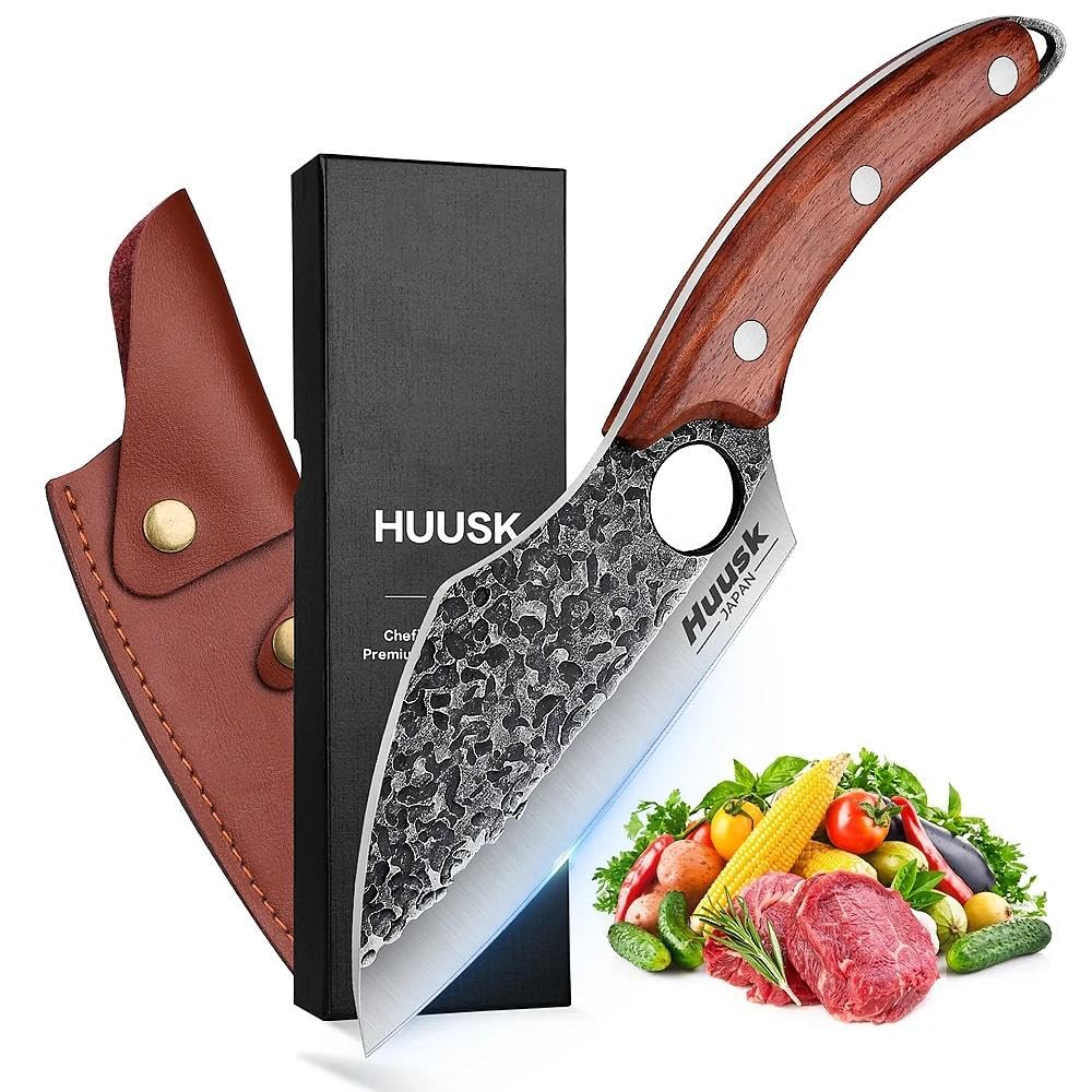 Huusk Hand Forged Meat Cleaver - Butcher Knife for Meat Cutting, Japanese Kitchen Viking Knife with Sheath, Cooking Knives for Kitchen and Outdoor Camping, Thanksgiving Christmas Gifts