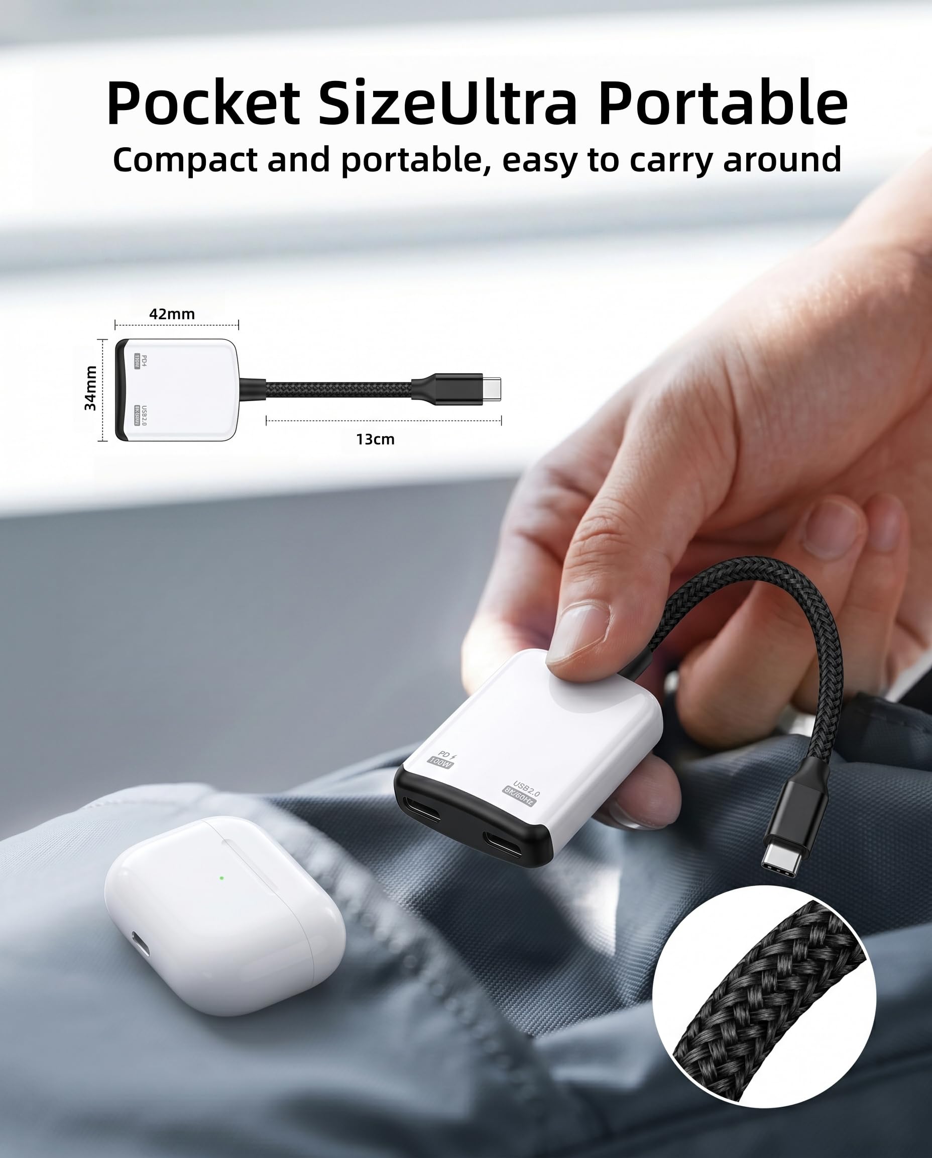 GELRHONR Adapter do okularów USB C na AR, koncentrator szybkiego ładowania PD 100 W, ładowanie i odtwarzanie, wyjście wideo 8K przy 60 Hz, do gier ręcznych, okularów AR, laptopów, tabletów