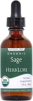 Herb Lore USDA Organic Sage Tincture Alcohol-Free, Supports Milk Reduction & Hormonal Balance During Life Changes Salvia officinalis 2 Fl Oz Liquid