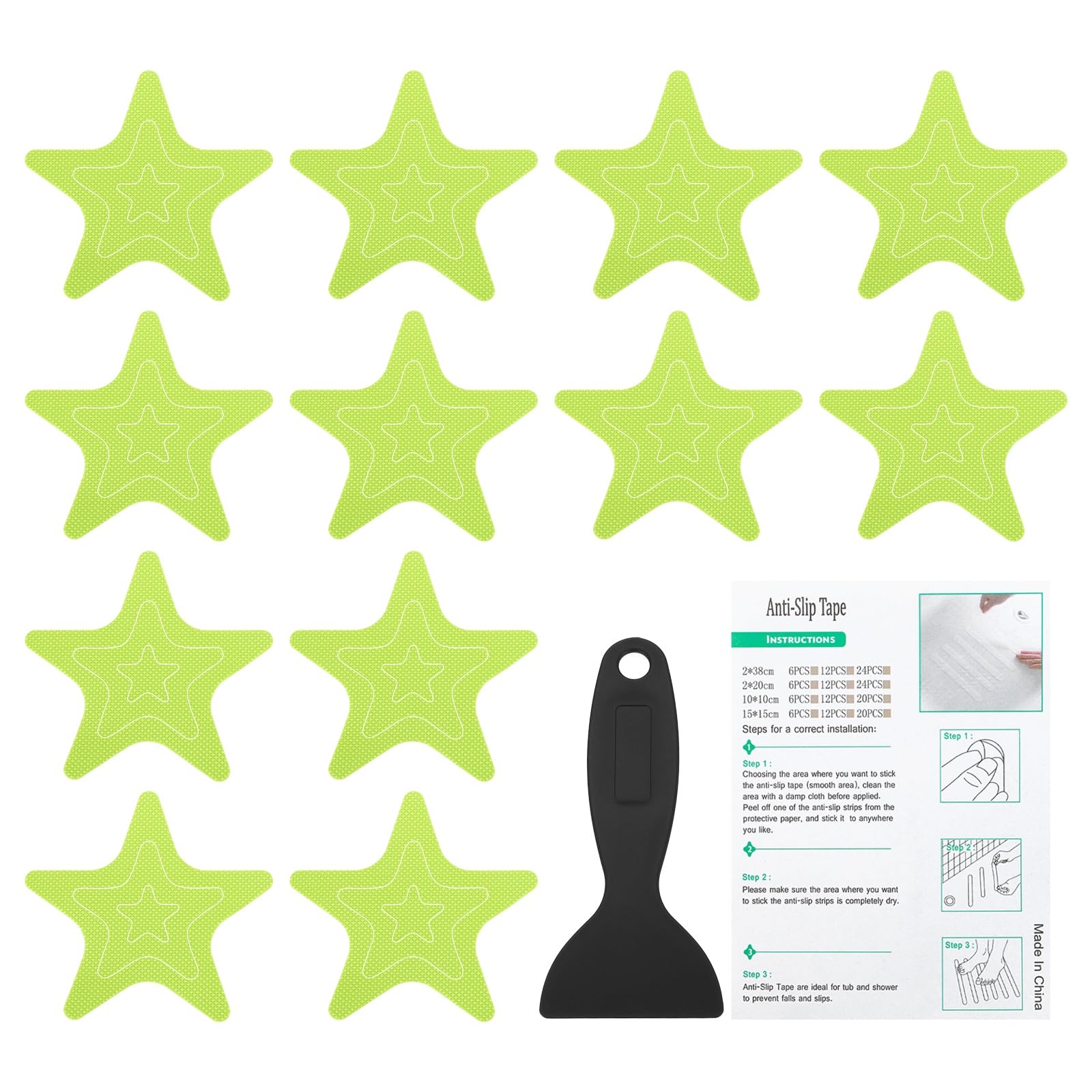 PATIKIL Bathtub Non Slip Stickers, 12 Pack Star Safety Shower Floor Anti Slip Stickers with Adhesive Decals Scraper for Bath Tub Shower Floor Stair, Green