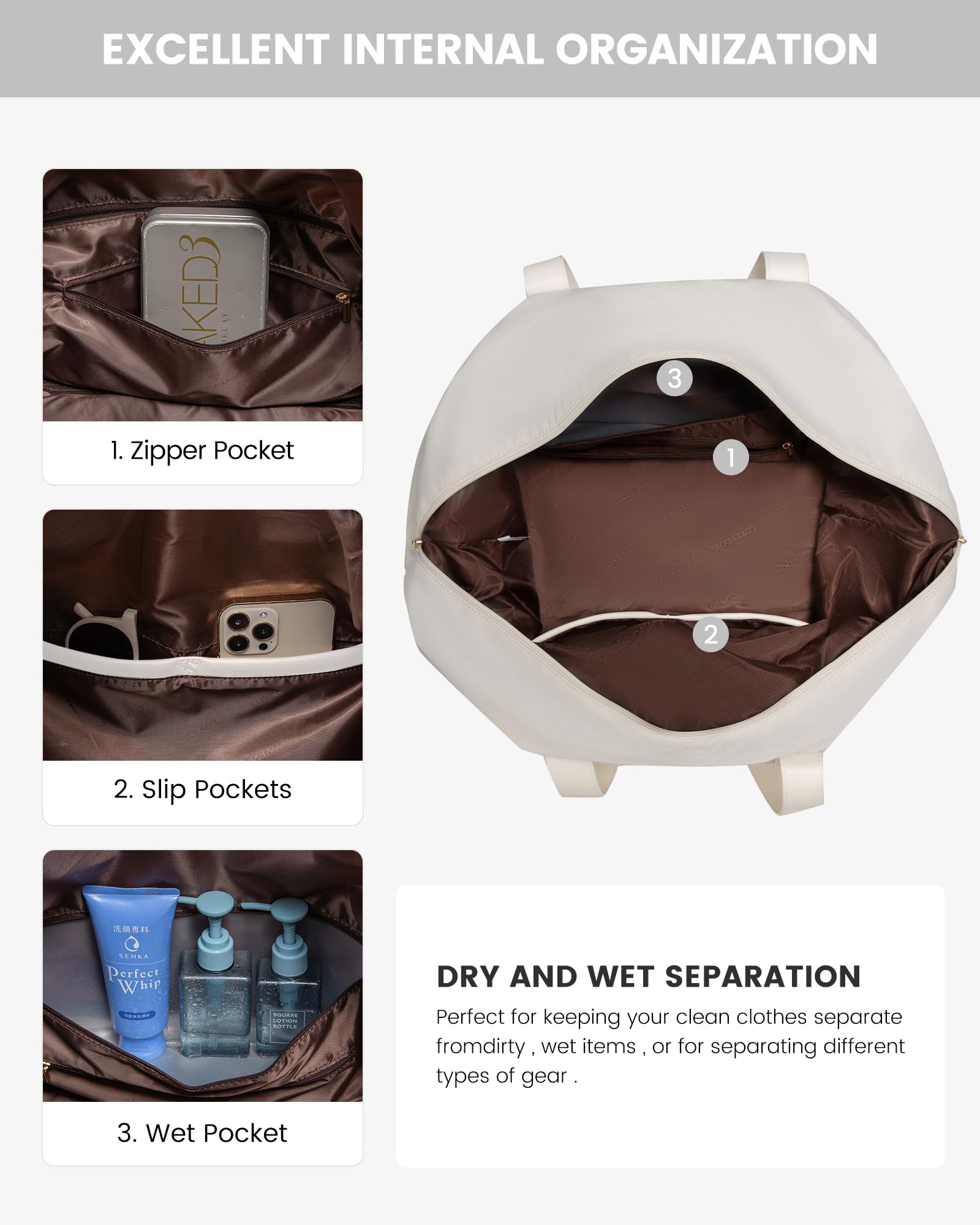 LOVEVOOK Weekender Reisetasche Damen, Sporttasche Handgepäck Tasche 45x36x20, Groß Kliniktasche Geburt, Travel Bag Duffle Bag mit Kulturtasche Schuhfach für Flugzeug Reisen, Beige