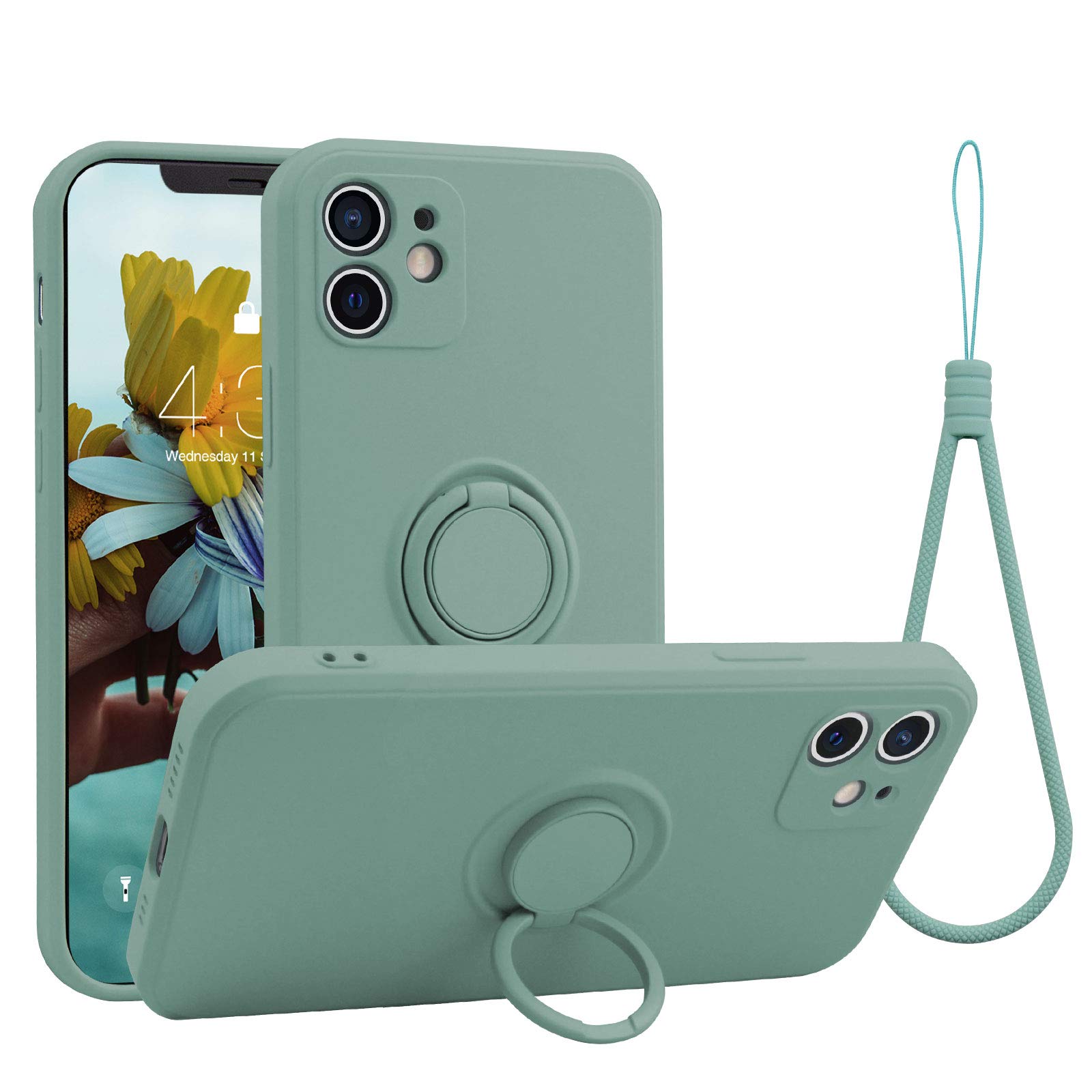 abitku Compatible with iPhone 12 Case, Silicone with 360°Ring Kickstand Holder (Support Magnetic Car Mount) Soft Silk Microfiber Cloth Designed for iPhone 12 6.1 inch 2020 (Mint)