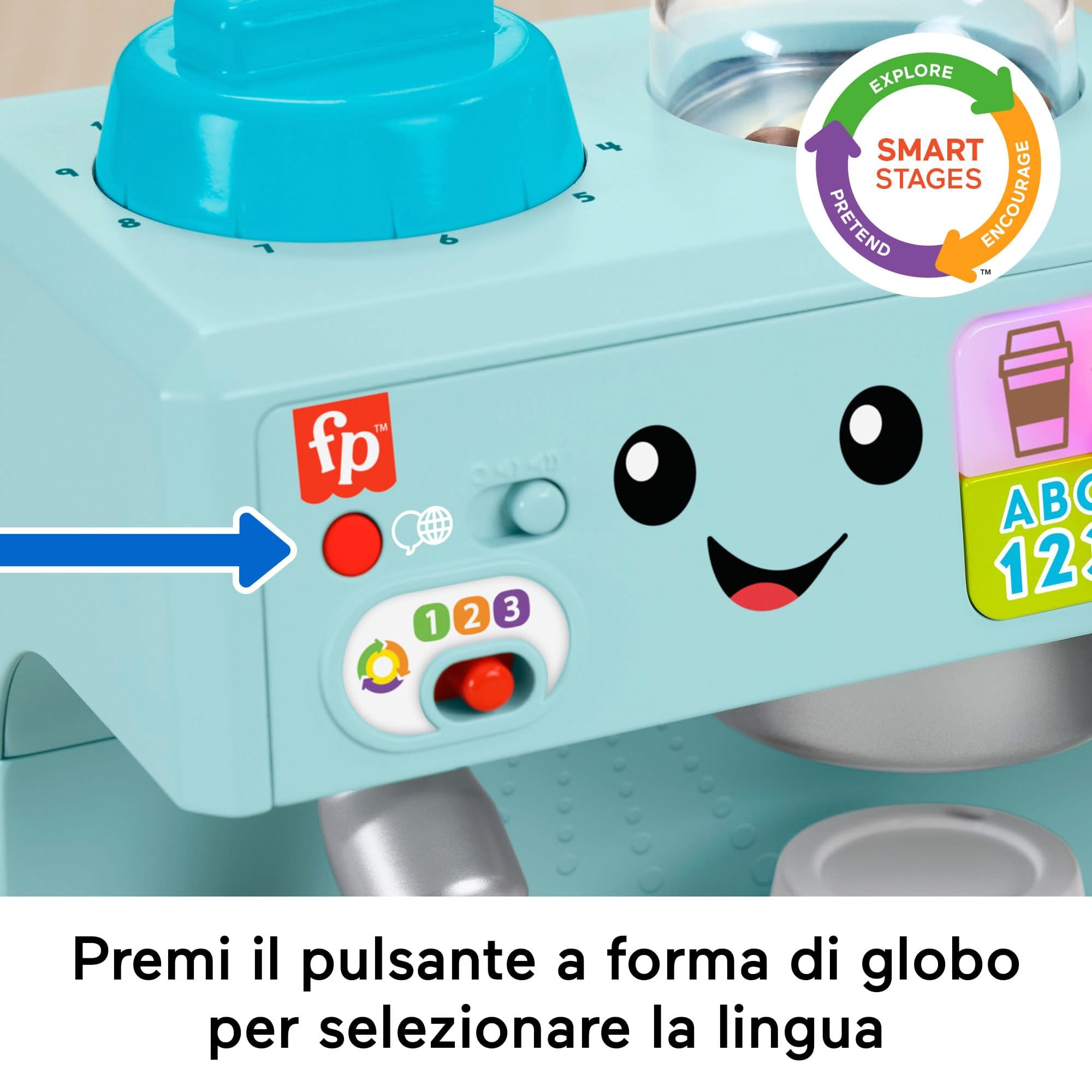 Fisher-Price - La Mia Prima Macchinetta del caffè, Set Smart Stages per l'apprendimento con Pulsanti, Musica e Suoni, 2 Tazze e 8 Accessori Inclusi, Giocattolo per Bambini, 18+ Mesi, HYT02