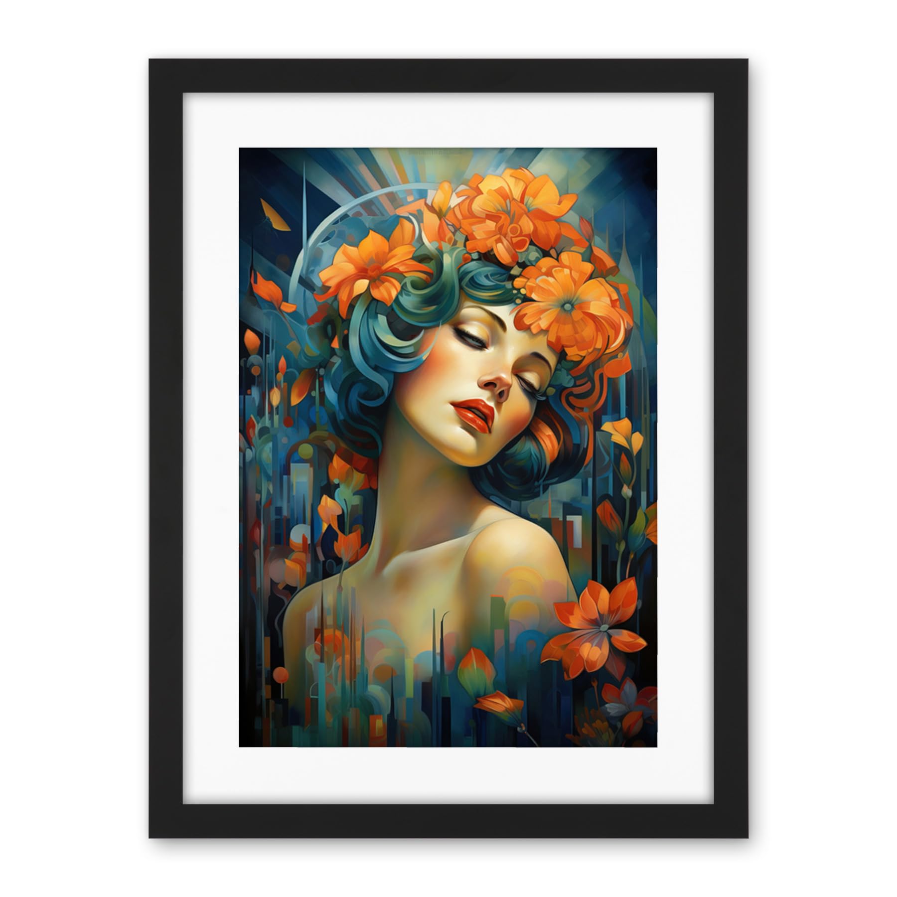 Artery8 Woman Portrait with Flowers Modern Art Deco Vibrant Artwork Orange Blue Floral Headband Artwork Framed Wall Art Print 18X24 Inch