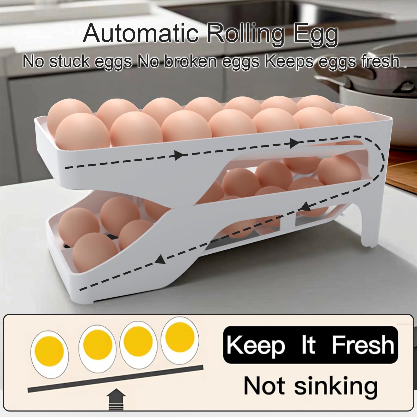 Dispensador de huevos automático, bandejas para huevos para refrigerador, rodillo de huevos para refrigerador, ahorro de espacio, capacidad para 28 huevos simultáneamente, para refrigerador 2