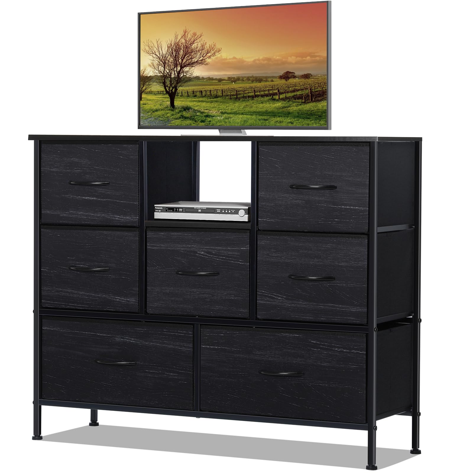 SEHERTIWY Dresser TV Stand, Black Entertainment Center with Storage Fabric Drawers for 55" TV, Chest of Drawer Unit for Bedroom, Living Room, Hallway, Entryway, Closet