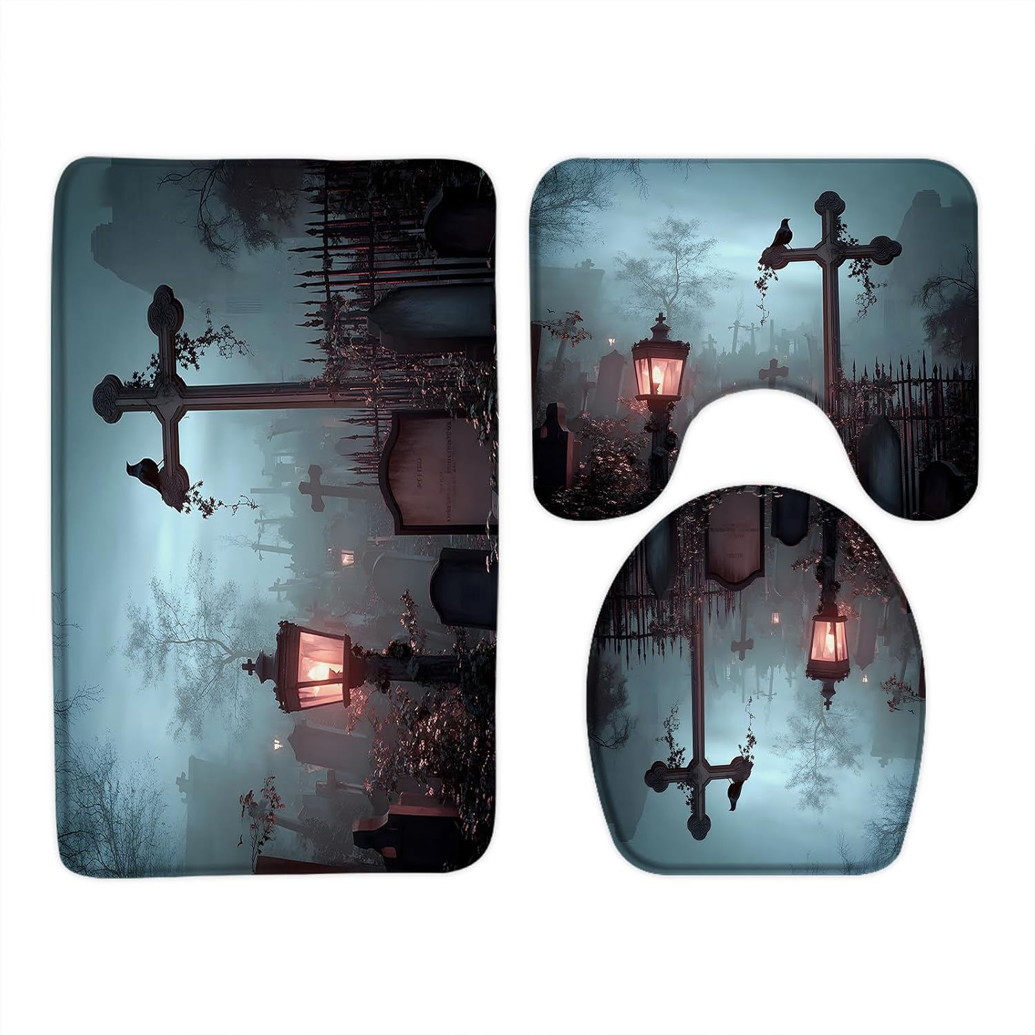 Horror Graveyard Bath Mat Set 3 Piece Gothic Castle Raven Night Spooky Tombstone Spooky Halloween Country Bathroom Rug and Toilet Lid Cover U Shape Mat Home Decor