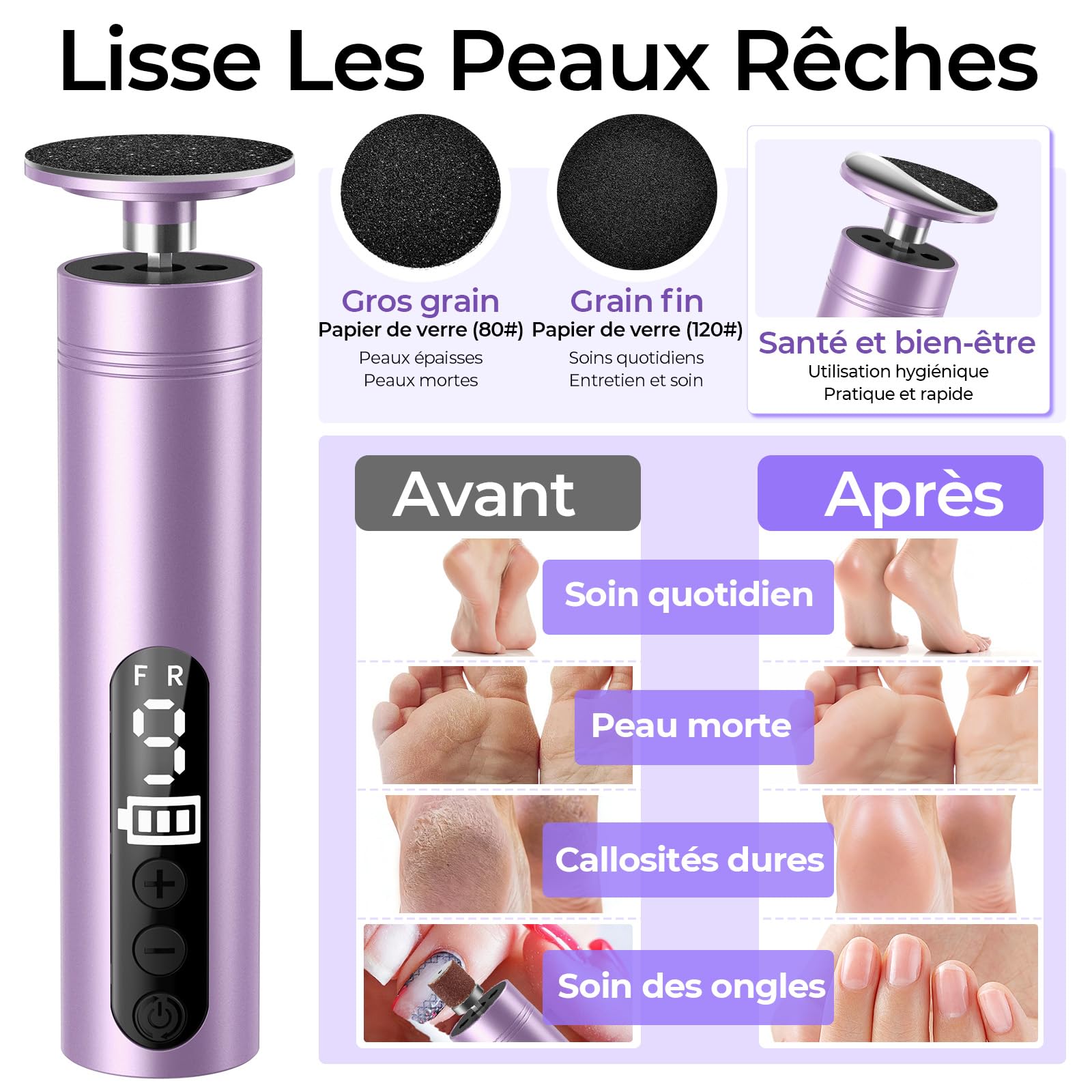 Rapeuse Pieds Électrique Puissante, 2-en-1 Ponceuse Pieds et Lime Ongles avec Écran LED, 9 Vitesses, Rechargeable, Kit Pédicure Professionnel pour Callosités, Peaux Mortes et Talons Fissurés, Violet