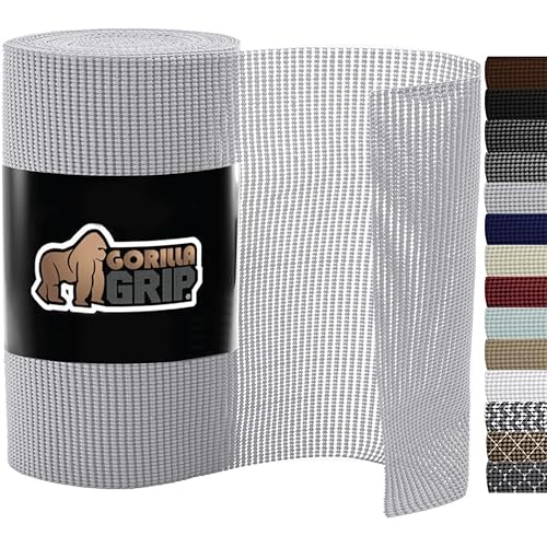 Gorilla Grip powerGRIP Drawer Shelf and Cabinet Liner, Thick Strong Hold, Non-Adhesive Liners Protect Kitchen Cabinets and Cupboard, Bathroom Drawers, Easy Install, Breathable Mat, 12" x20' Light Gray