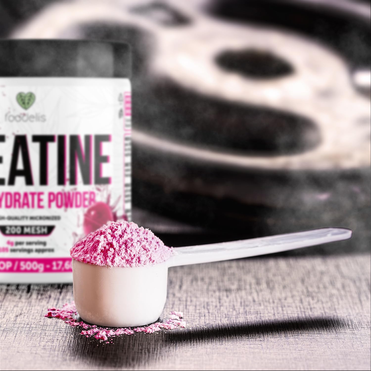 Foodelis Creatina Monohidratada en Polvo 500 g – Sabor Lollipop – 100% Creatina Micronizada – Alta Pureza – Sin Aditivos – Vegana – Alta Solubilidad – Incluye Dosificador