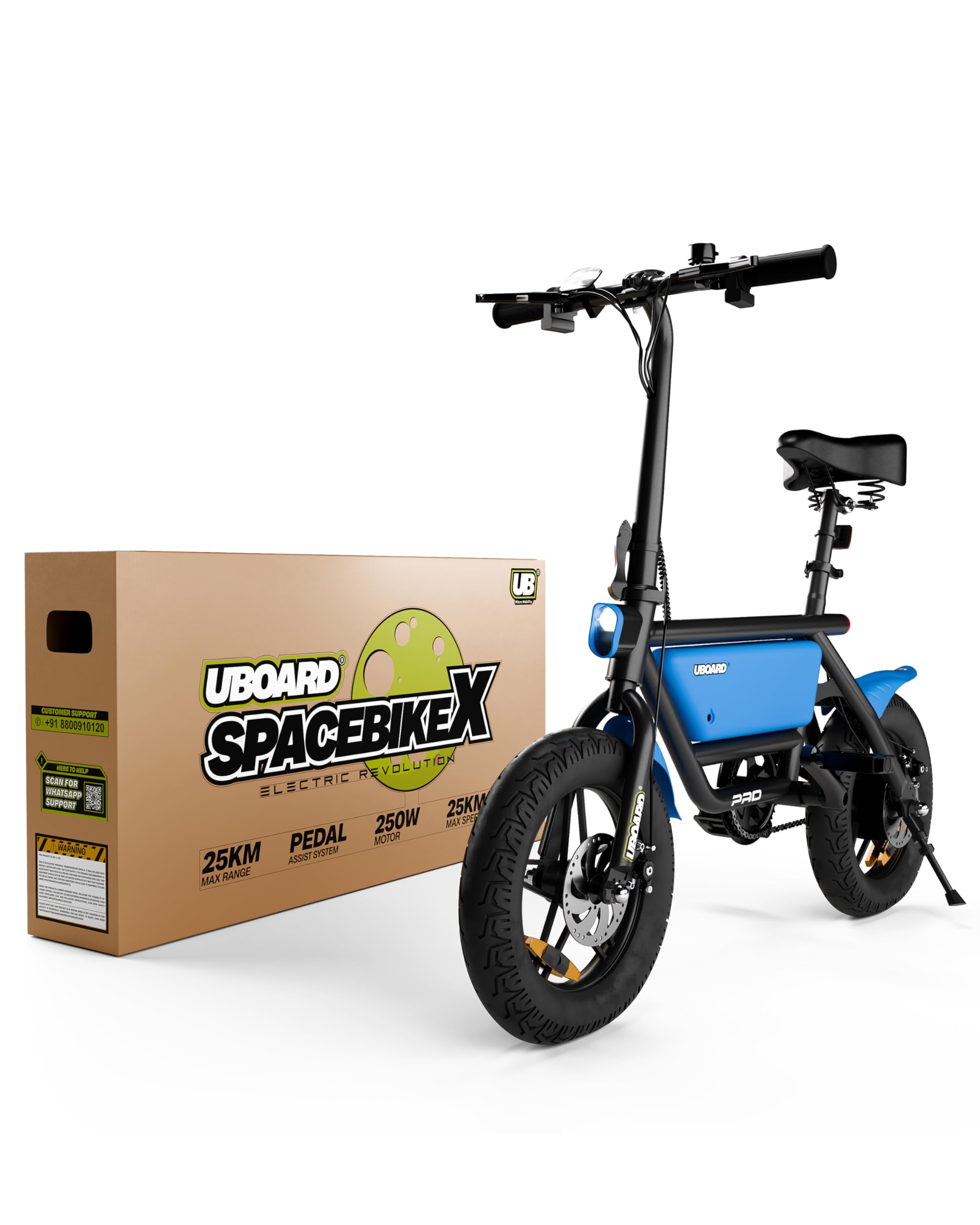 UBOARD Space Bike Electric Foldable Mini E-Bike|250W Motor, 36V 8Ah Battery, Up to 30 km Range, 25 km/h|Lightweight Frame, Adjustable Seat, Dual Disc Brakes, LED Lights & LCD Display – Blue