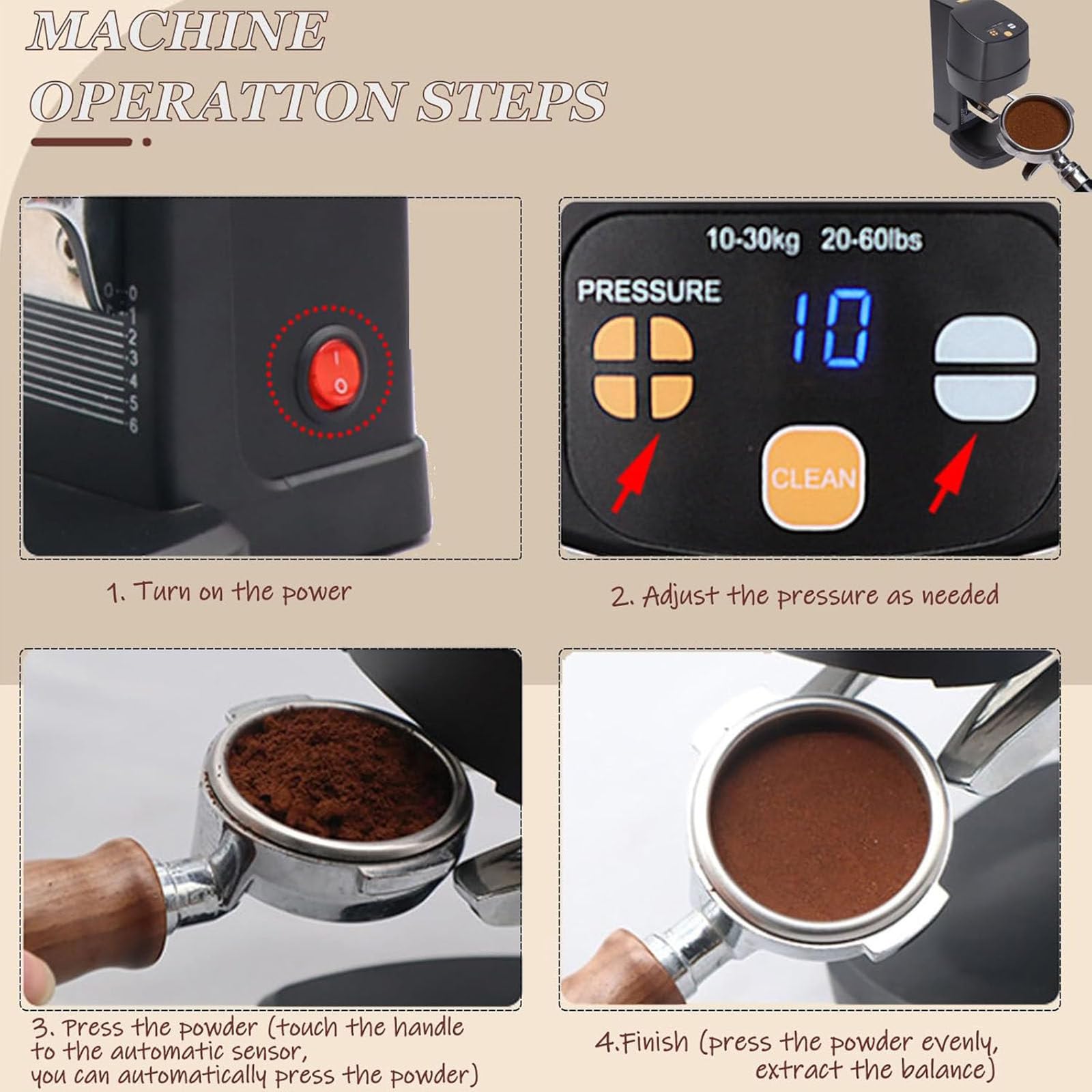 Ubijak do kawy 58 mm – automatyczna prasa do kawy ziarnistej espresso – 10–30 kg, regulowane ciśnienie – narzędzie do kawy – łatwe czyszczenie – do kawiarni i użytku domowego (czarny)