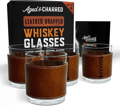 Vasos de whisky envueltos en cuero, vasos de bourbon únicos para hombres, envoltura de cuero con vidrio de whisky escocés cosido a mano
