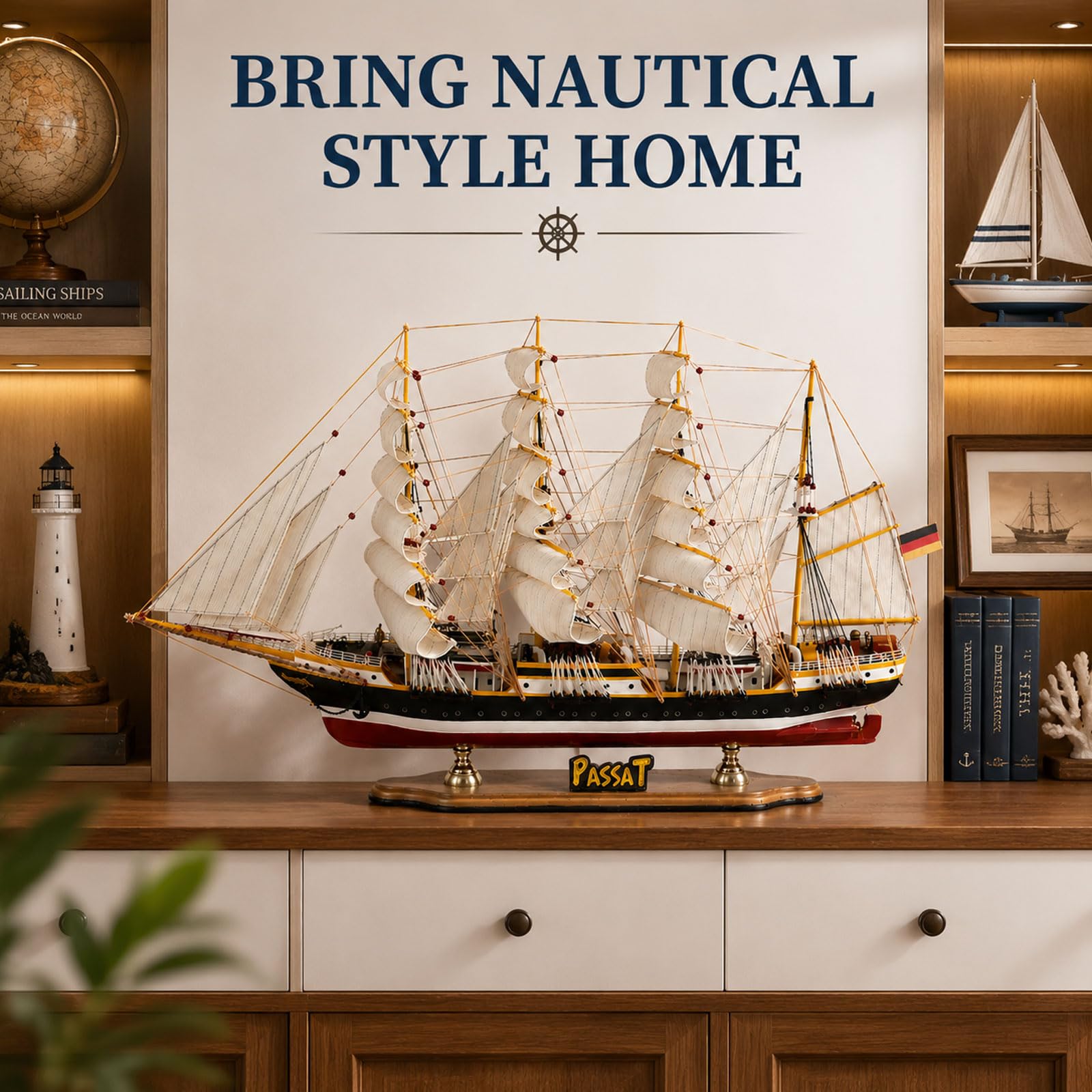 YLME Modell eines Segelschiffs aus Holz Viermastiges Großsegelschiff | Maritime Vintage-Dekoration Großes Schiffsmodell für Zuhause oder Büro Sammler Geschenk für Segelbegeisterte