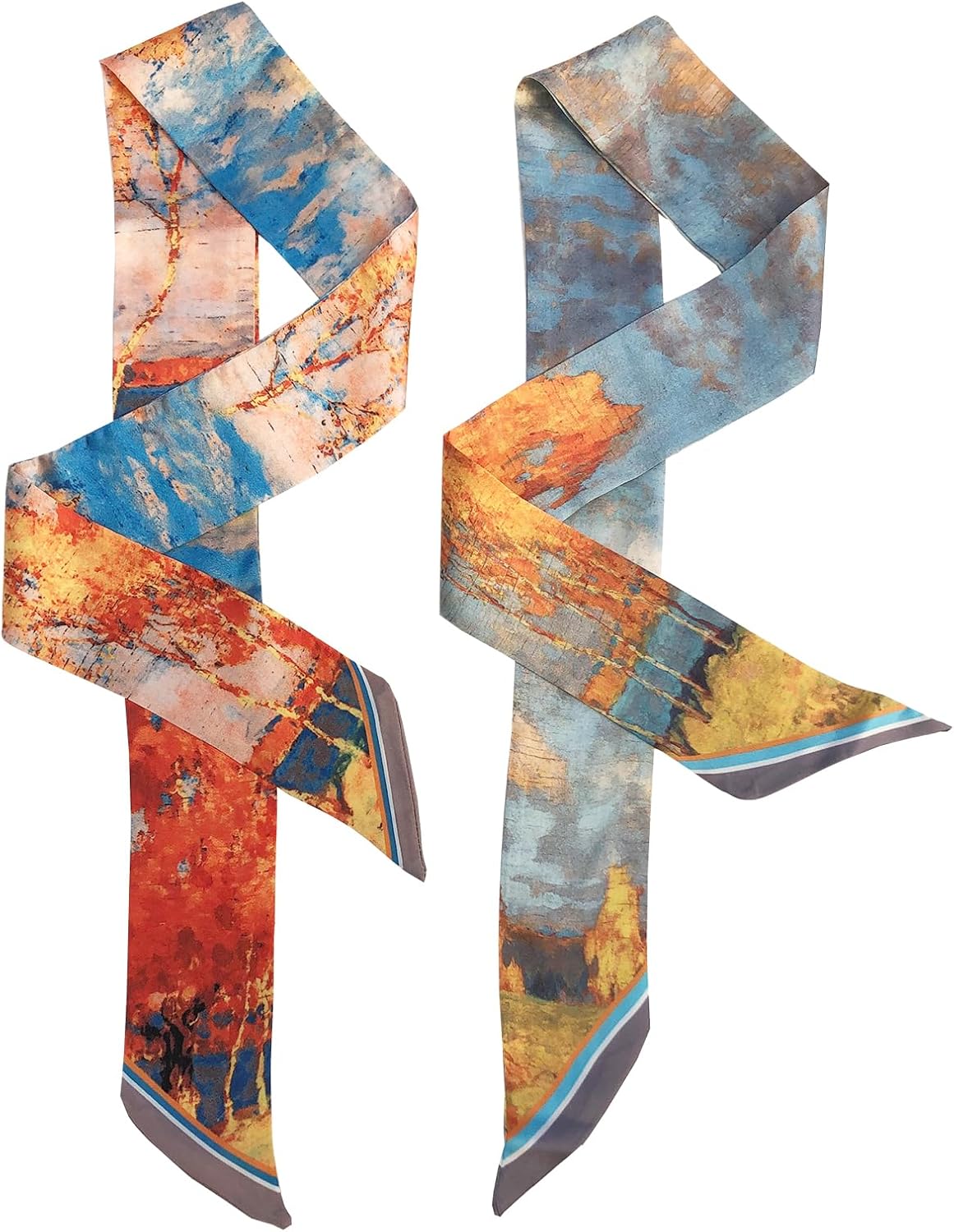 2 Pack Silk Purse Scarf For Handbags Head Hair Ribbon Fashion Skinny Scarf For Women Long Neckerchief