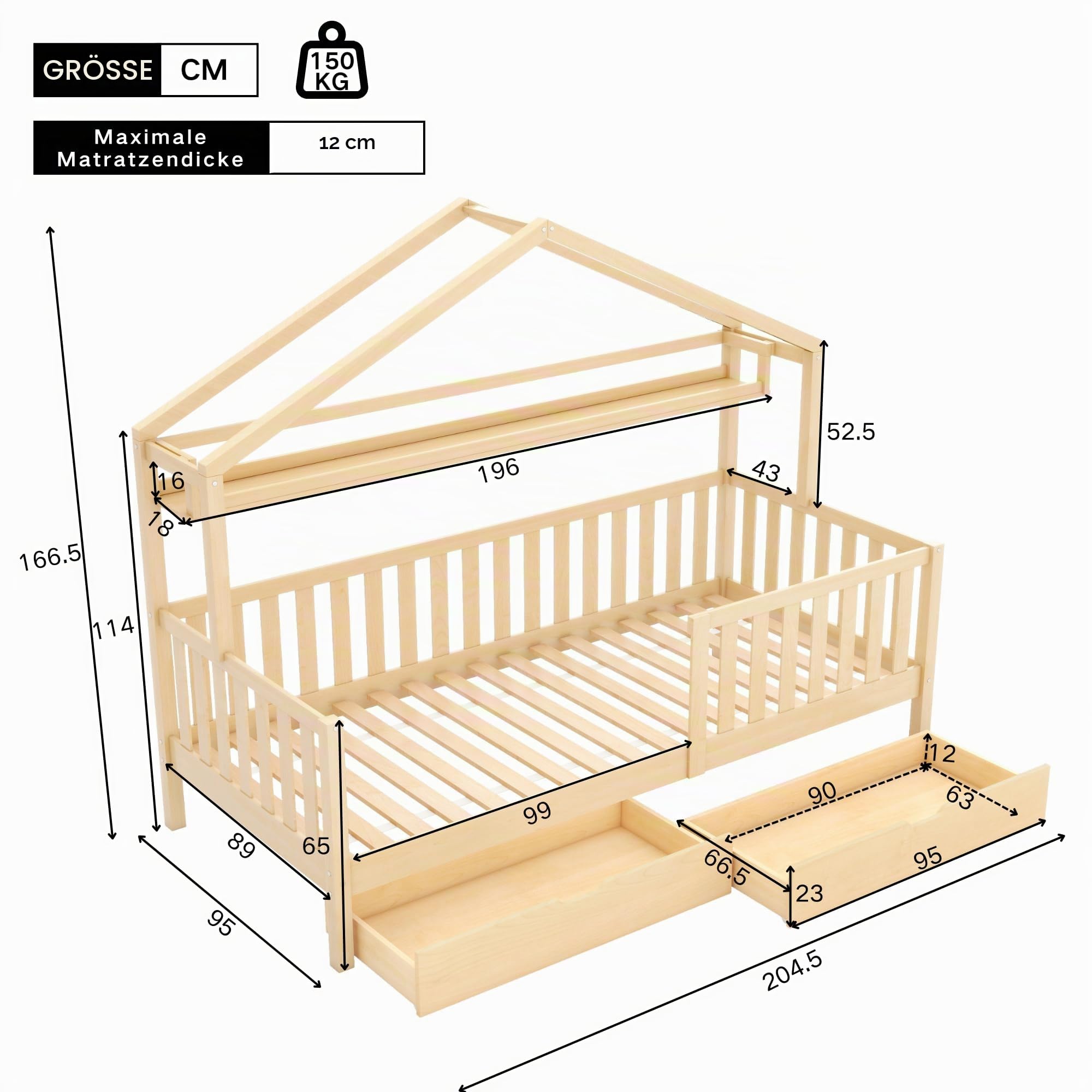 Kinderbett Hausbett 90x200 mit Regalen und 2 Schubladen, Bett mit Rausfallschutz & Lattenrost, Kinder Haus Bett aus Kiefernholz Jugendbett Bettgestell für Jungen & Mädchen, Ohne Matratze, Natur