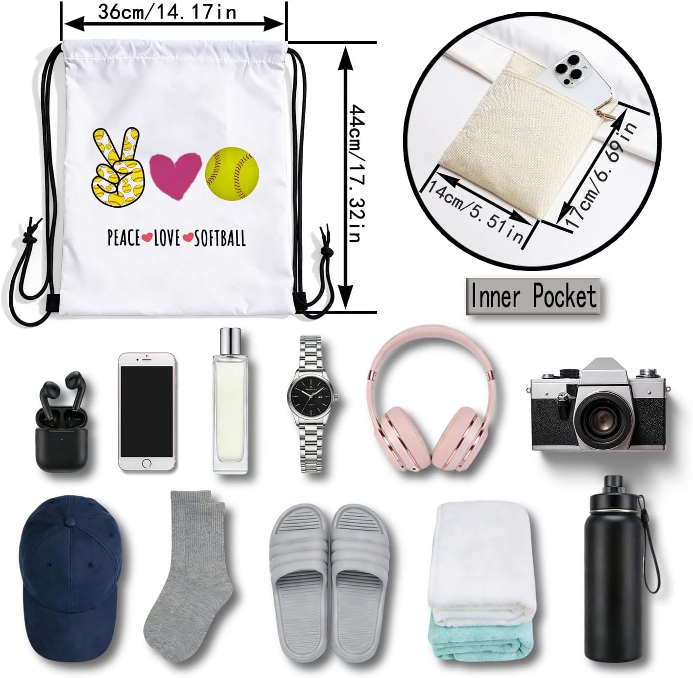 Peace Love Softball Dual-Sided Print Drawstring Bag image 2