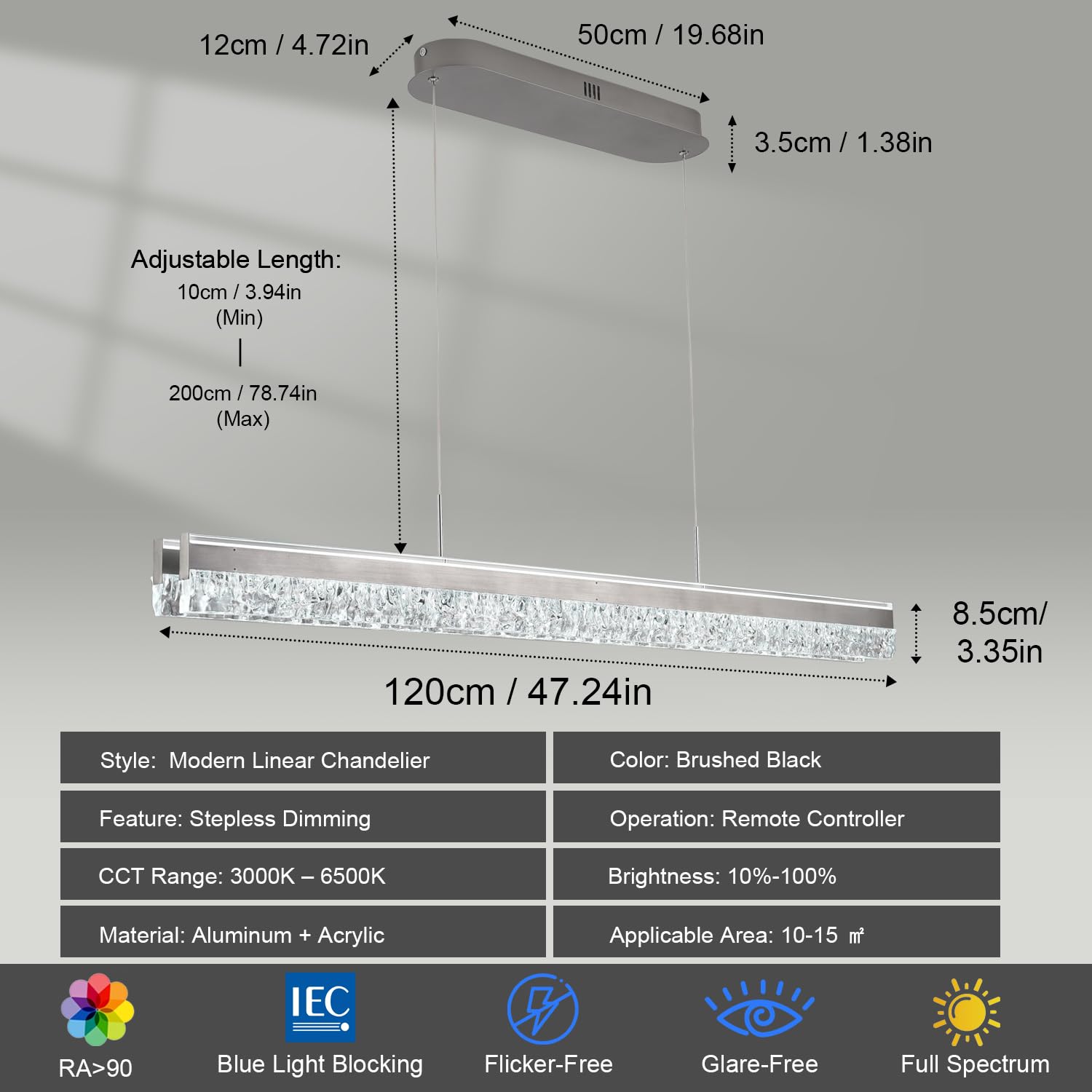 Lámpara colgante LED moderna para mesa de comedor, 120 cm de largo, regulable, iluminación colgante LED para isla de cocina, lámpara de techo de lujo para comedor y oficina