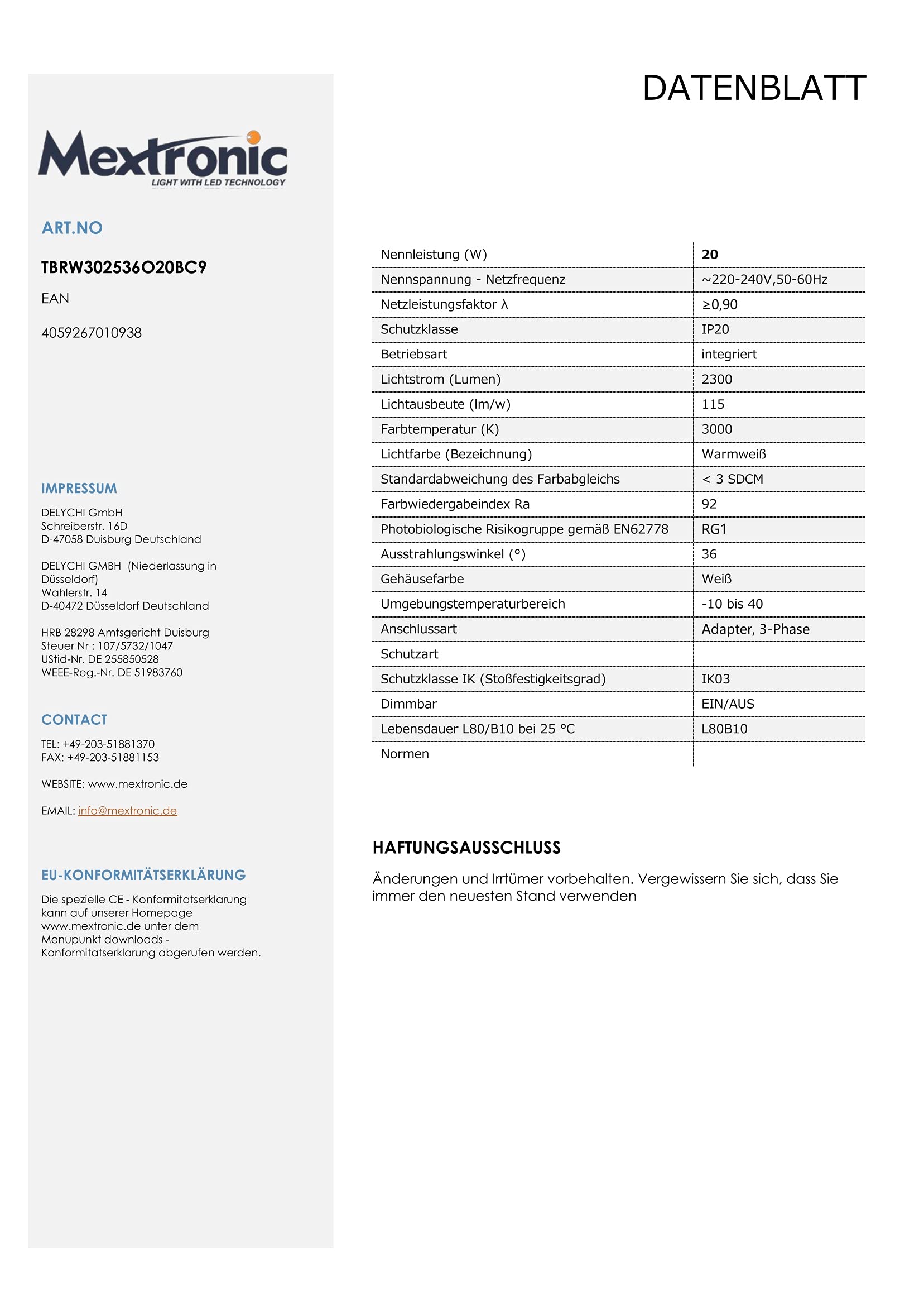 Mextronic 3-Phasen-LED-Strahler 20W O20B-D36 Warmweiss für Schienensystem