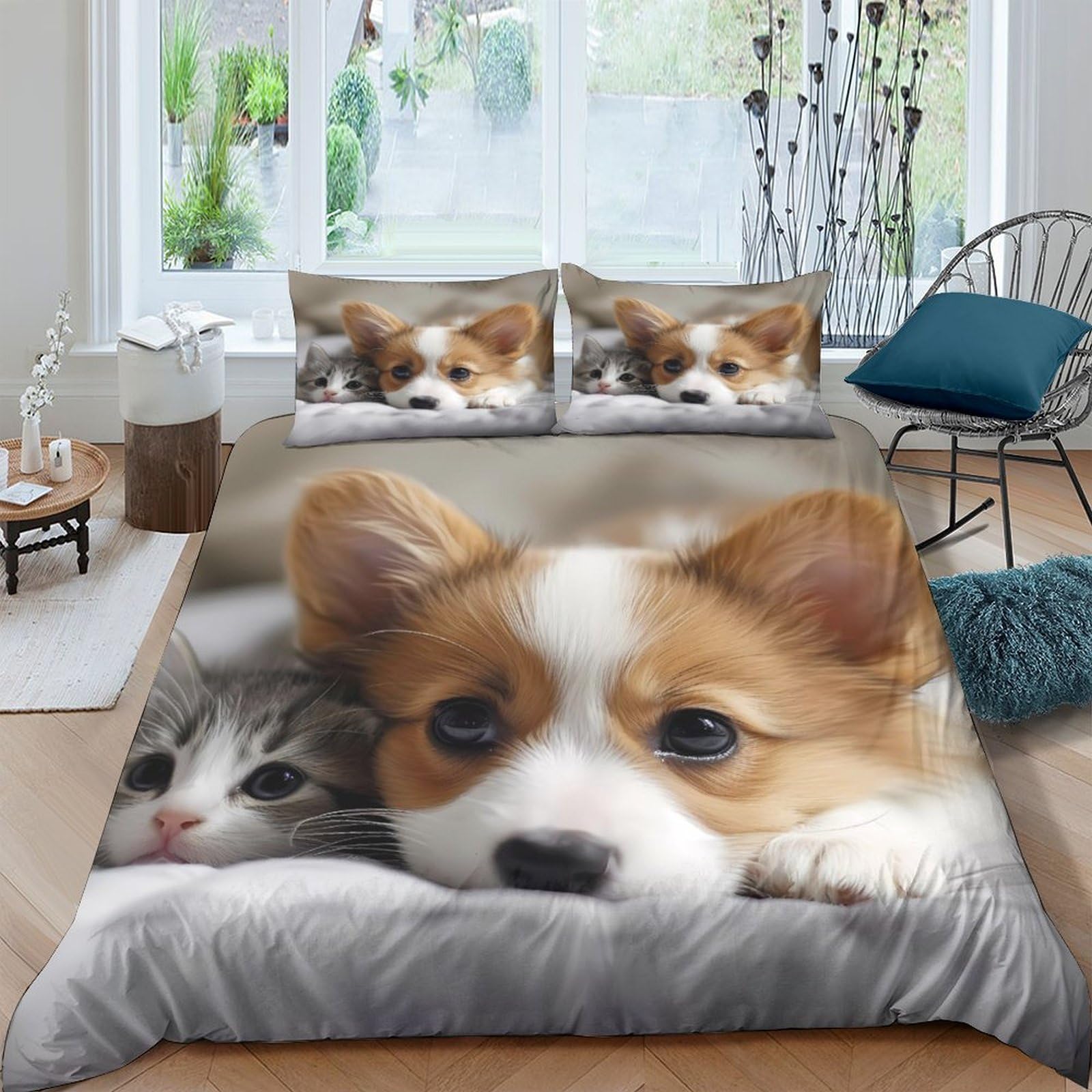 GPLZQXKJNH 3D Printed Cute Puppy Kitten Duvet Cover Microfiber Soft Breathable Animal Bedding Set with 2 Pillowcases for Bedroom Decor Single（135x200cm）