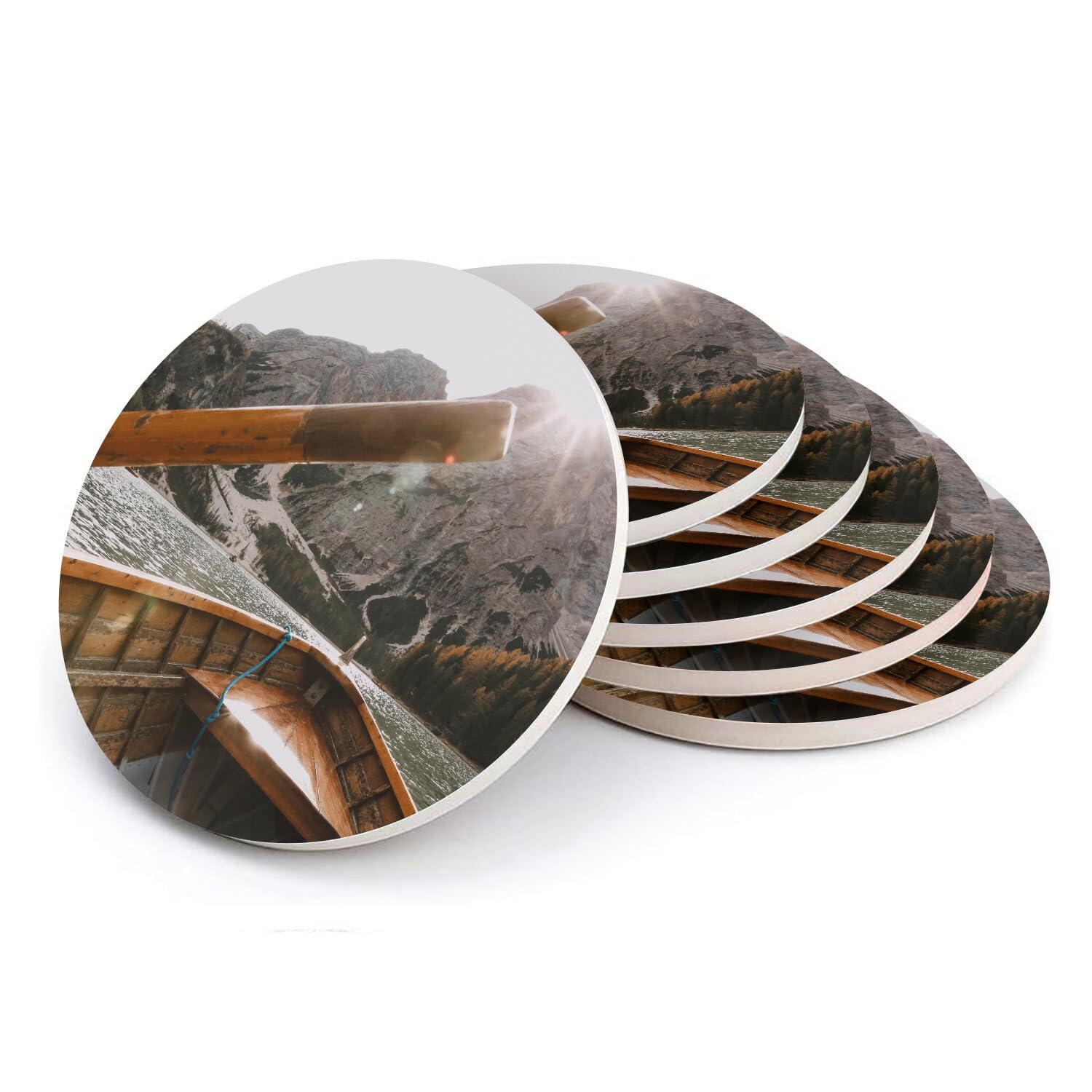 Sous verre ronds en céramique avec barque sur lac - Lot de 6 dessous de verre 108x108mm