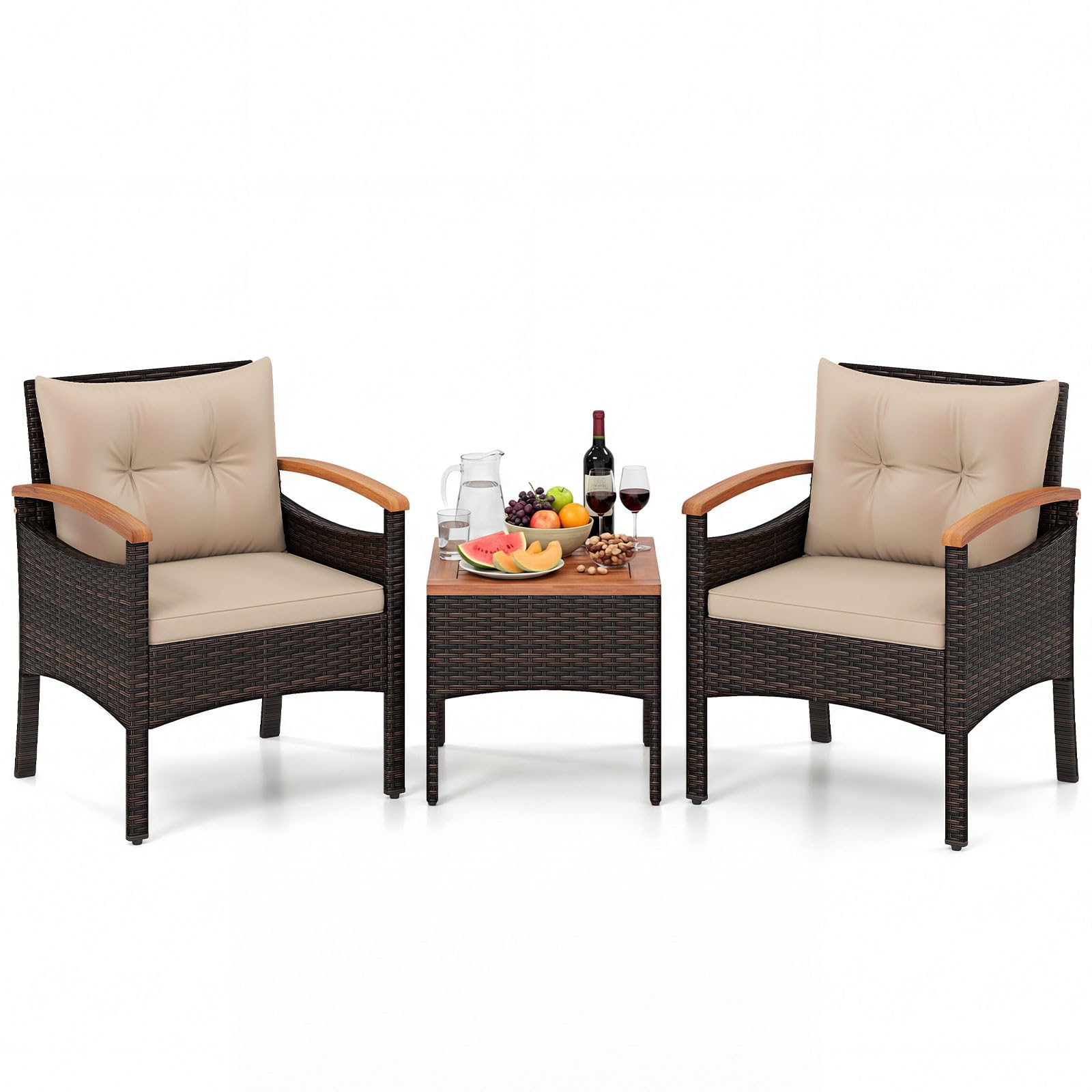 COSTWAY Balkonmöbel Set, Rattan Gartenmöbel Set 3 teilig mit 2 Stühle und Tisch aus Akazienholz, Balkonmöbel Kleiner Balkon, Gartenlounge 2 Personen inkl. Kissen, für Garten Terrassen Balkon (Braun)