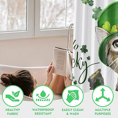 Miniatura 6 de Roszwtit Cortina de ducha para el día de San Patricio diseño de tréboles de gato para baño decoración del hogar tela impermeable con ganchos 72 x 72