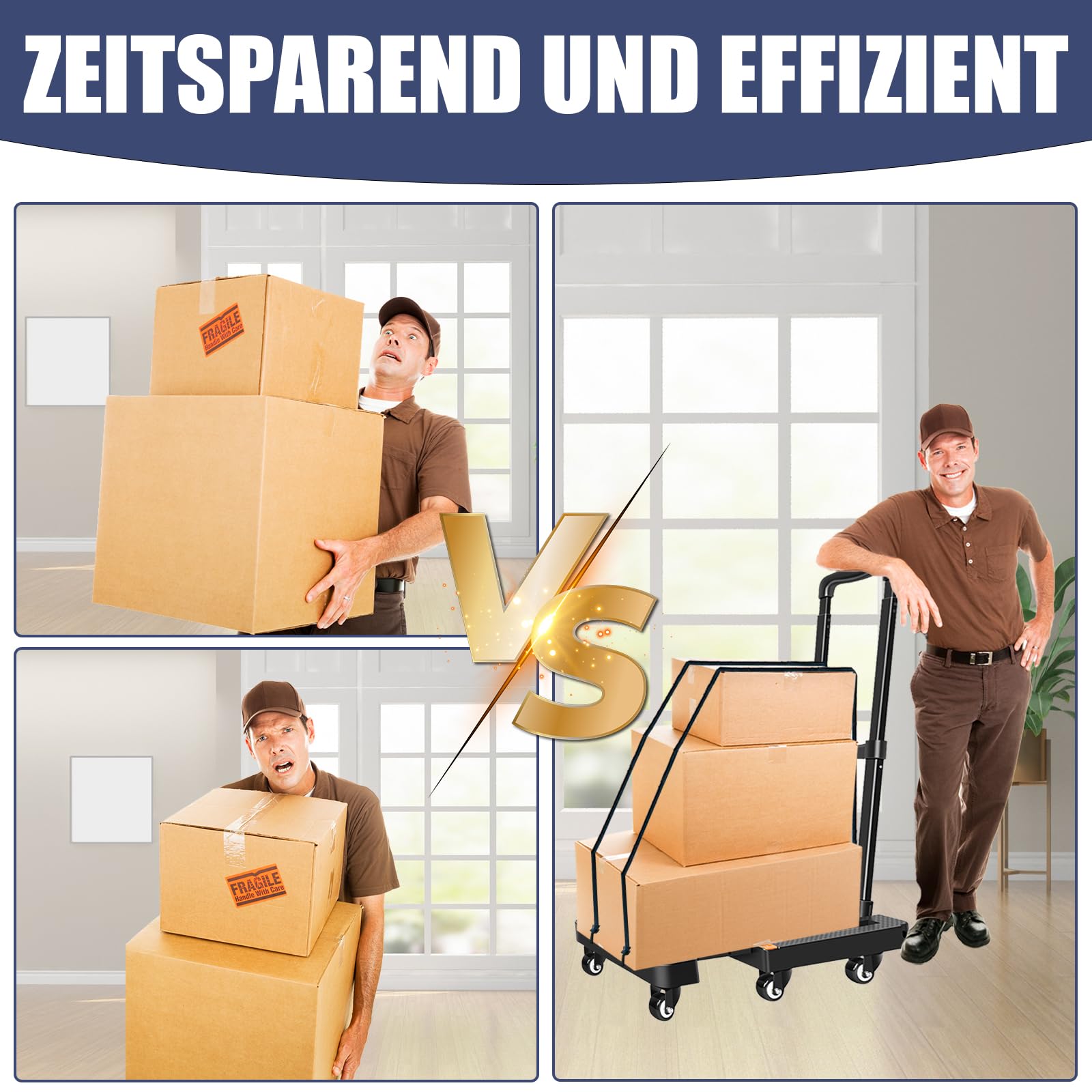 Sackkarre Klappbar, Transportwagen 200KG, Sackkarren Klappbare mit 6 Universal-Räder, Plattformwagen mit Verstellbarer Deichsel, 2 Flexibles Seil, für Gepäck, Einkaufen, Auto und Umzug, Schwarz