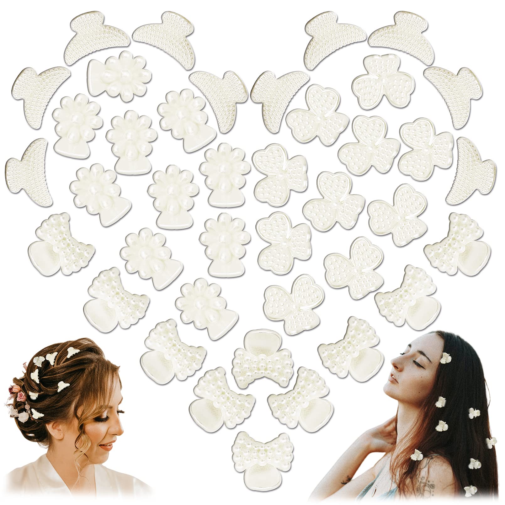 40 Pcs Mini Pearl Claw Clips for Women Sweet Artificial Clamps Daisy Butterfly Flower Decoration Hair Accessories (Clover,Sunflower,Moon,Bowtie)