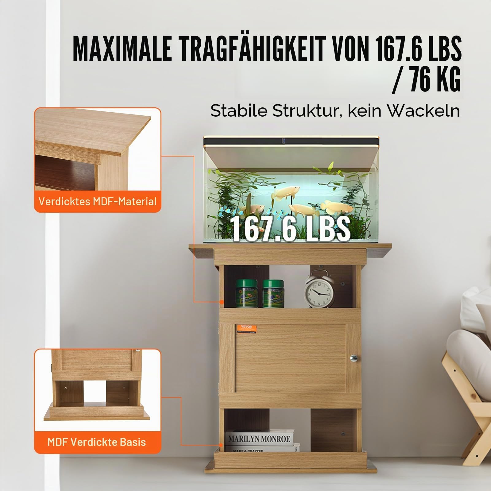 VEVOR Aquariumständer, 20 Gallonen Fischtankständer, 64 x 40 x 72 cm MDF Schildkrötentankständer, 76 kg Tragkraft, Reptilientankständer mit Aufbewahrung, Schrank und Hardware-Kit, Lindenholzfarbe