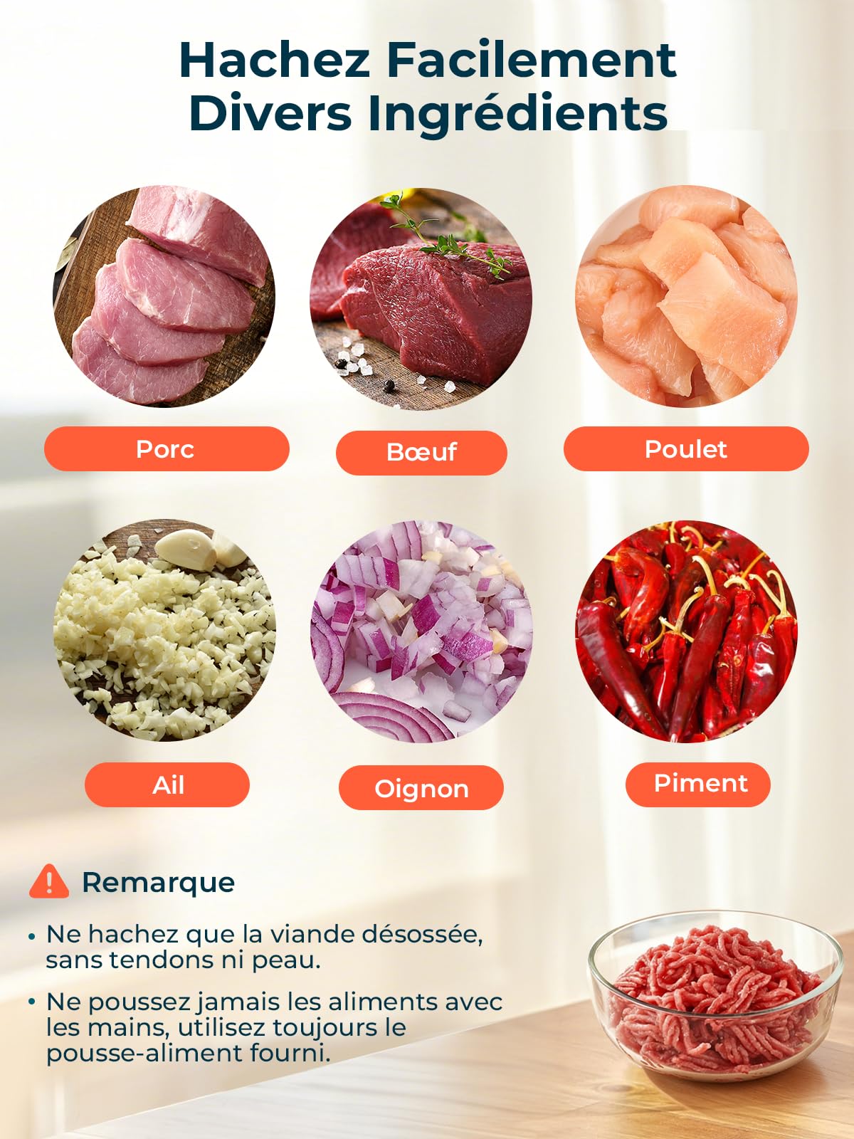 FOHERE Hachoir à Viande Électrique, 2000W Moteur à Courant Continu Hachoir Électrique Avec 2 Lame de Coupe, 3 Plaque de Coupe (7MM/5MM/3MM), Tuyau de Saucisse, Forme-kubbe, Hachoir à Viande Domestique