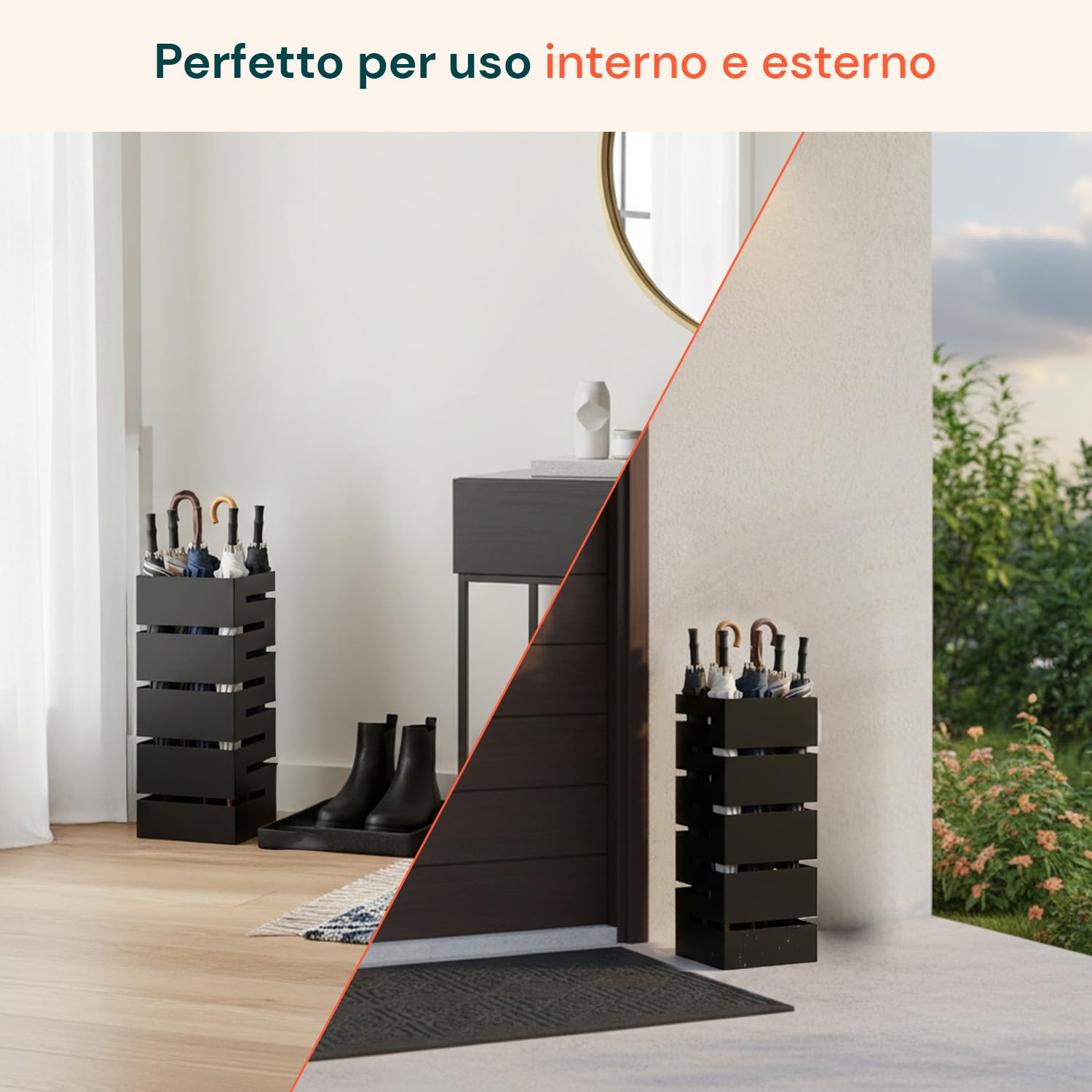Avilia Portaombrelli da Interno Metallo Nero – Porta Ombrelli con Vaschetta Raccogligocce e 2 Ganci, Portaombrelli da Esterno 10 Ombrelli, Design Moderno per Ingresso Casa e Ufficio