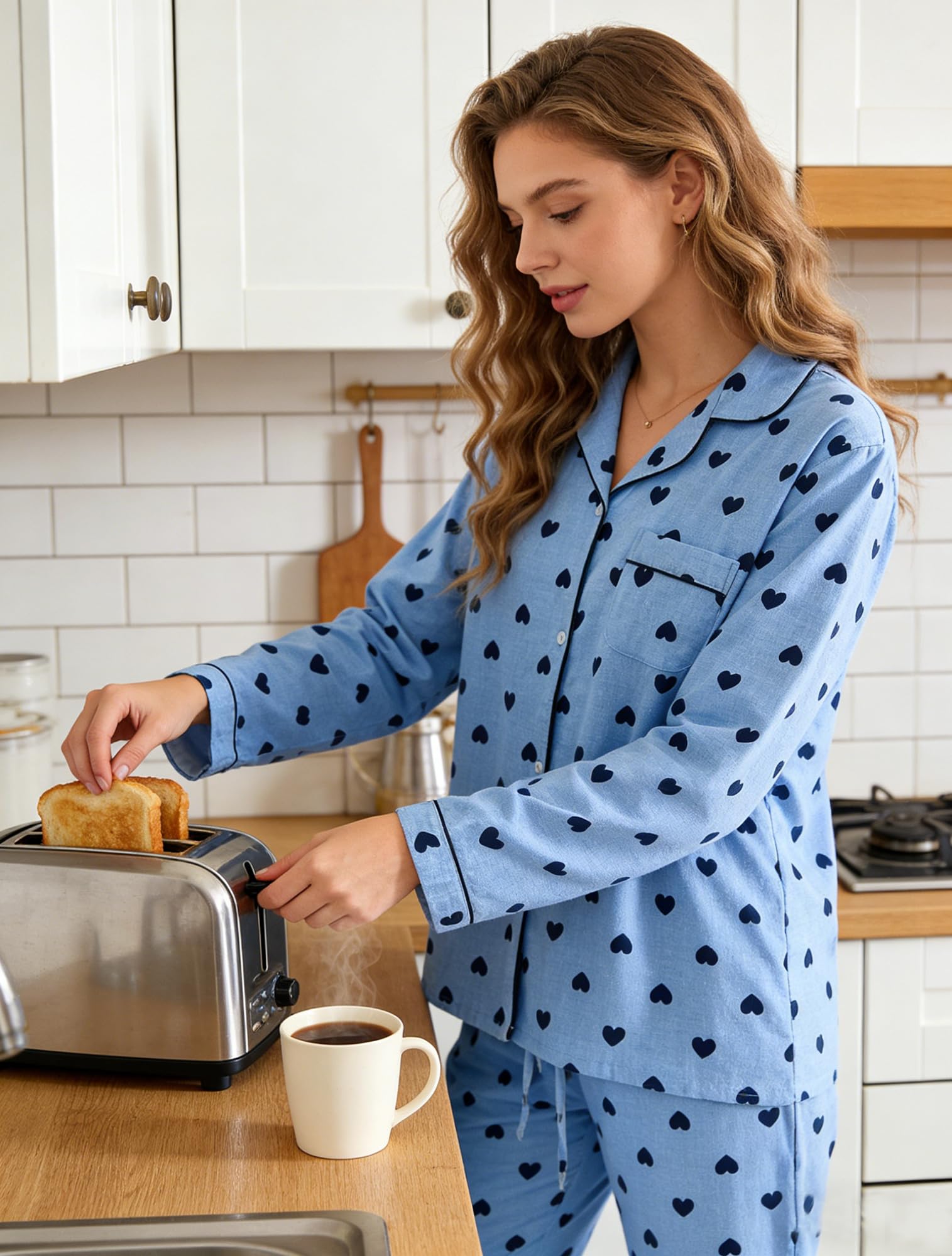 Damen-Pyjama-Set, Flanell-Baumwolle, langärmelig, Knopfleiste, Oberteil, Hose, warme Nachtwäsche, Größe S-XL