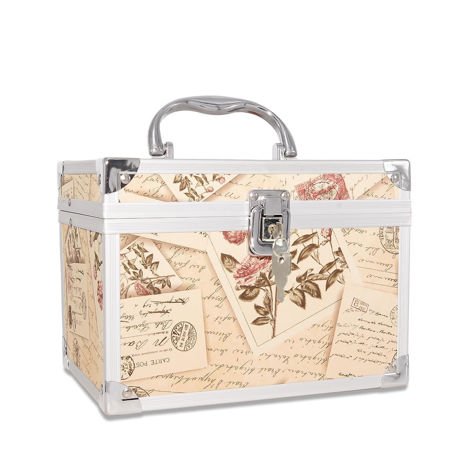 VNIMTI Makeup Train Case, Portable Makeup Box with Mirror, Cosmetic Storage Box for Women with Trays, Makeup Box Organizer for Vanity, Travel, Lockable& Large Capacity (Philatelic Style)